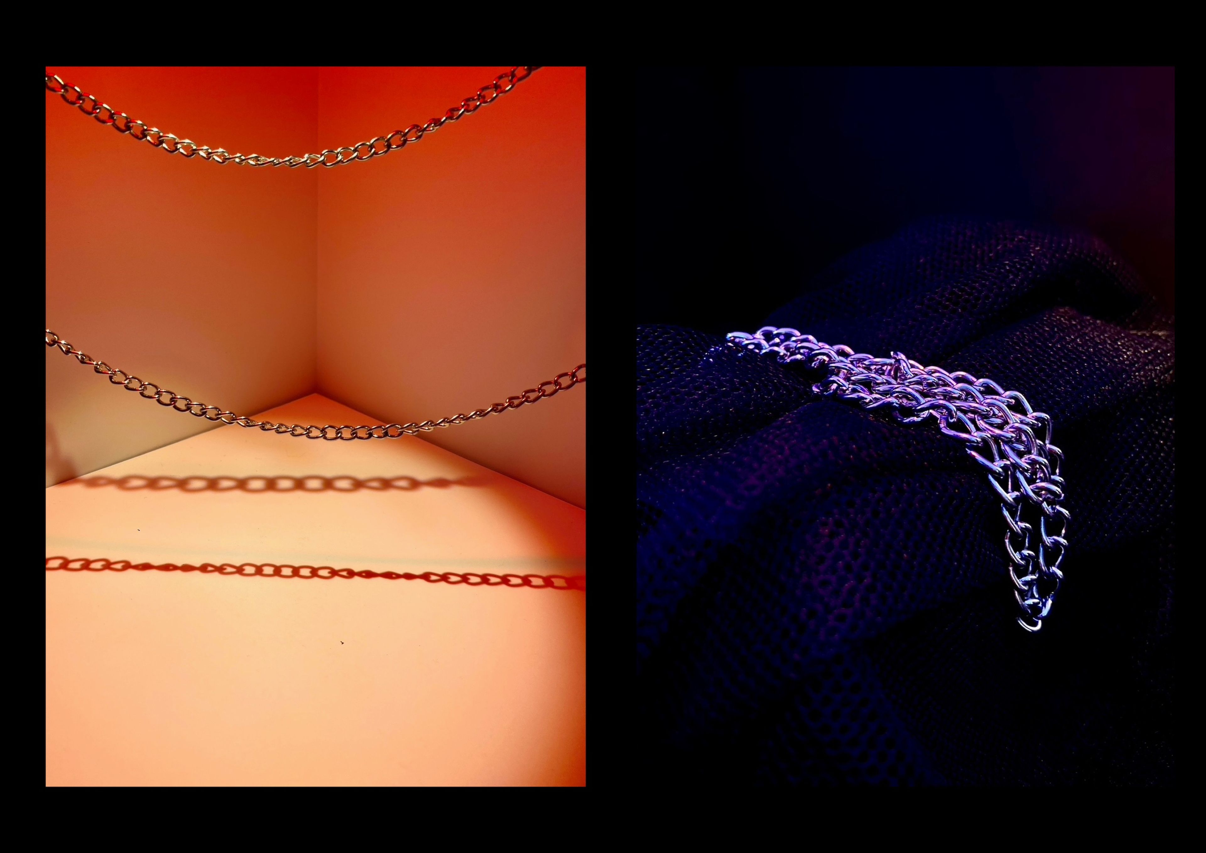 Close-up of two chain configurations under coloured lighting. The left side shows chains against a red background casting shadows, while the right side features a chain lying over a textured black fabric in purple light.