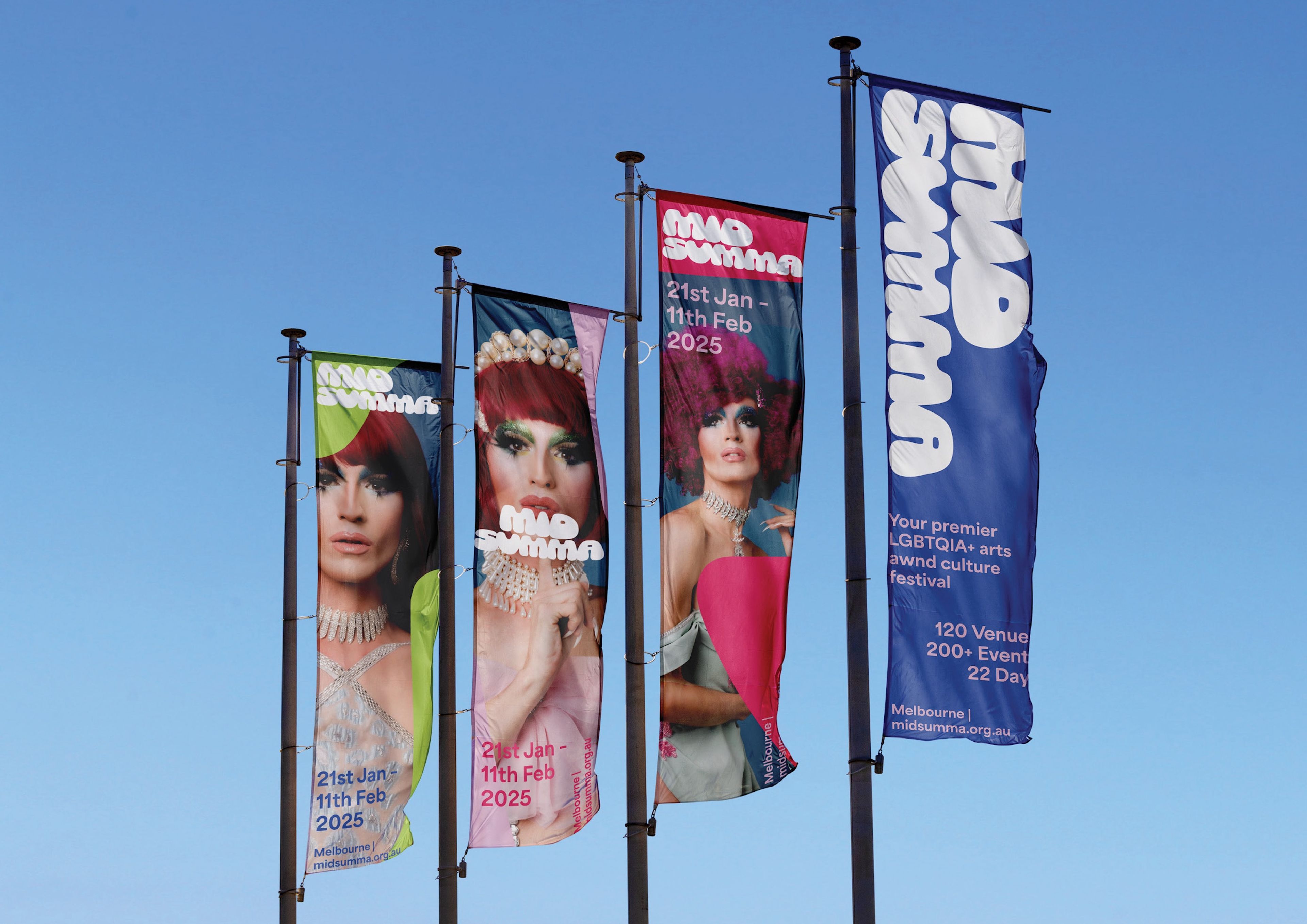 Four vertical banners for Midsumma Festival 2025 against blue sky. Three banners feature glamorous drag performer portraits with pearl accessories and bold makeup. Fourth banner in blue lists event details: '120 Venues, 200+ Events, 22 Days' and describes it as 'Your premier LGBTQIA+ arts and culture festival'.