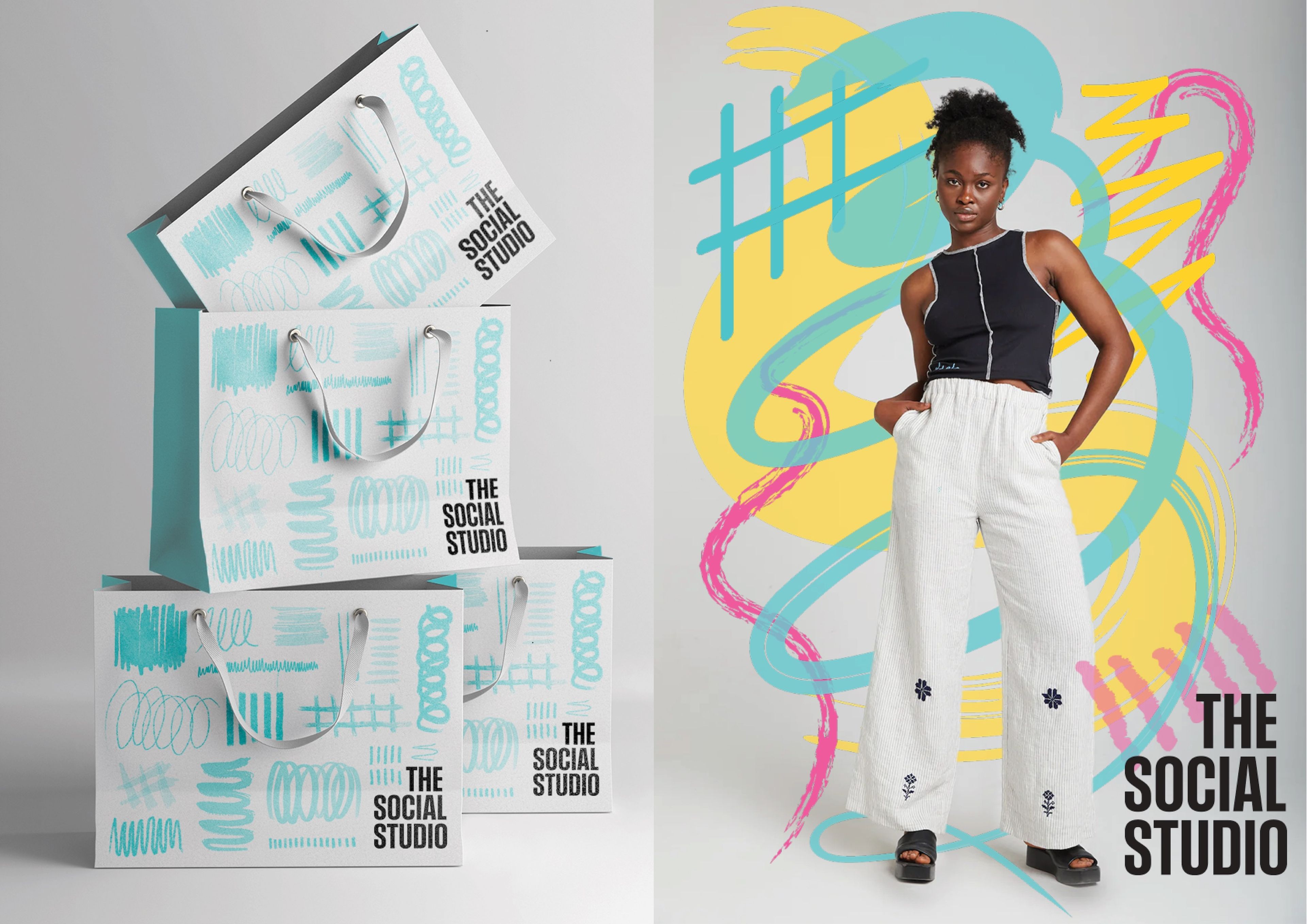 Brand identity for 'The Social Studio' featuring shopping bags with playful turquoise scribble patterns and fashion photography with dynamic yellow, pink and turquoise brush stroke overlay.