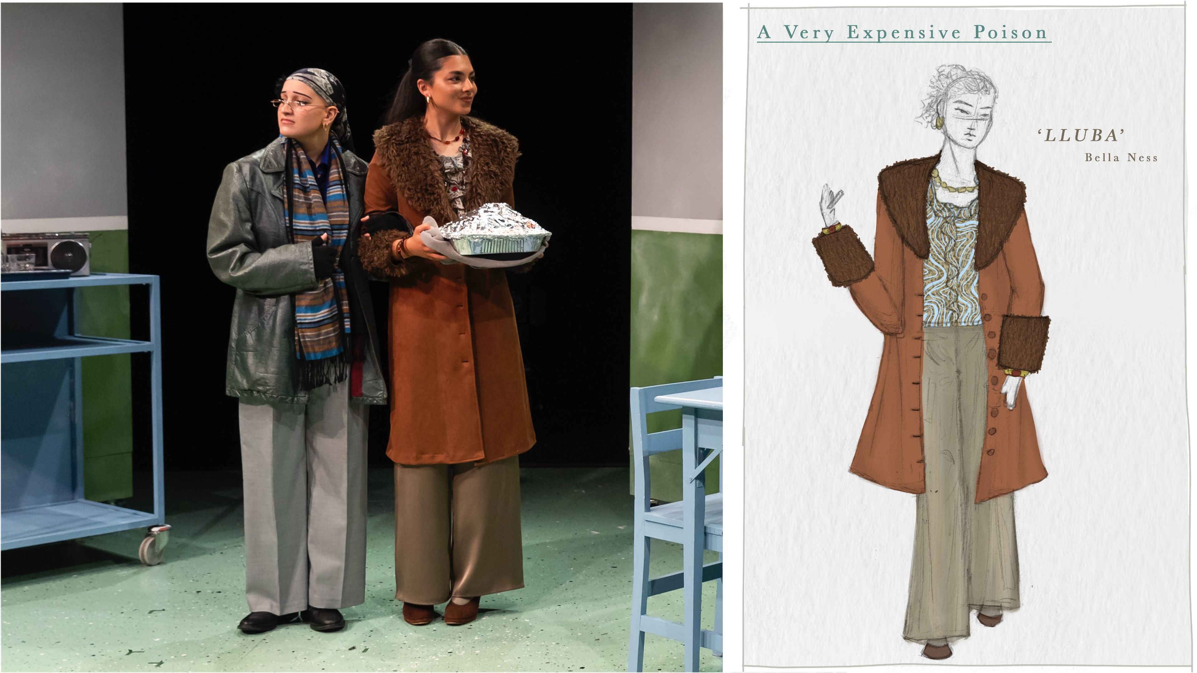 Split image showing a production photo of two performers in coats with one holding a pie, alongside a corresponding costume design sketch featuring character 'Lluba' by Bella Ness.