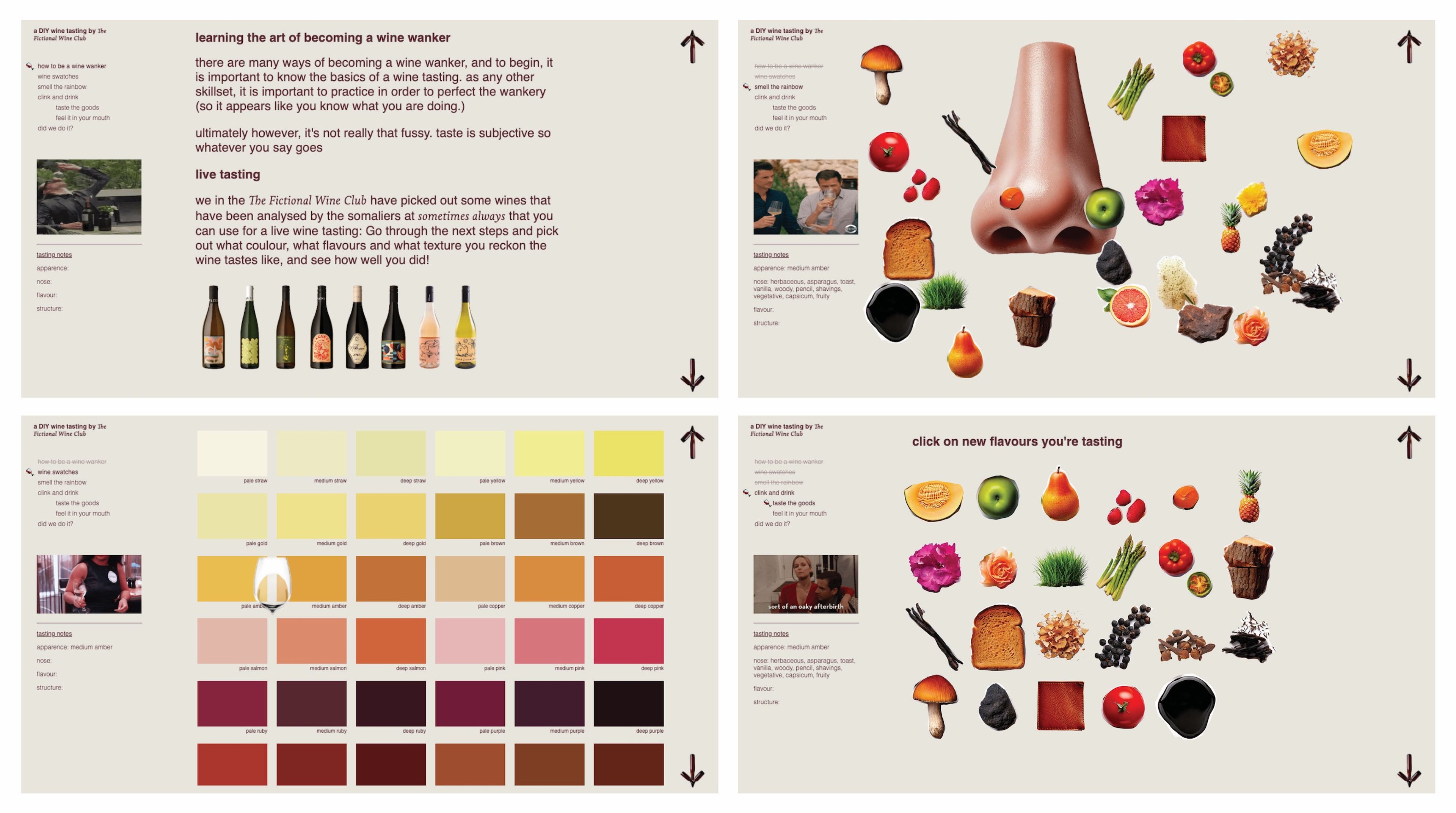 Four screenshots from the website of "The Fictional Wine Club." Screenshots feature wine bottles, tasting notes, and colourful icons representing different flavours and scents like fruit, vegetables, and spices.