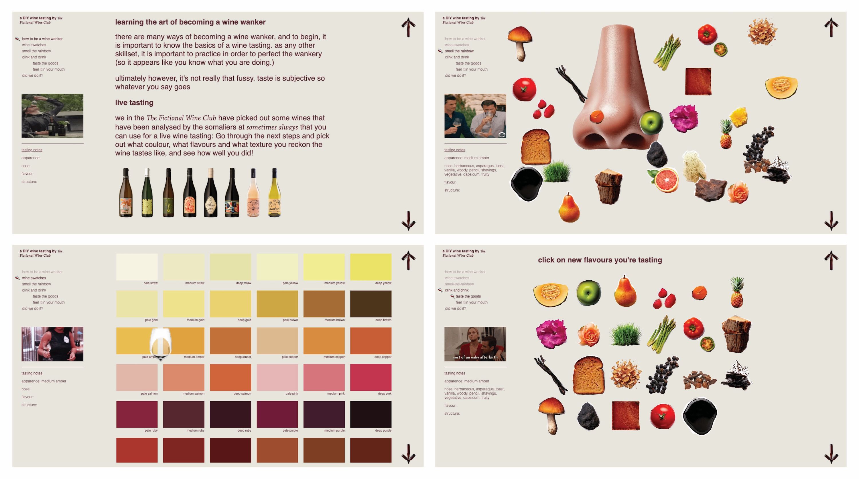 Four screenshots from the website of "The Fictional Wine Club." Screenshots feature wine bottles, tasting notes, and colourful icons representing different flavours and scents like fruit, vegetables, and spices.