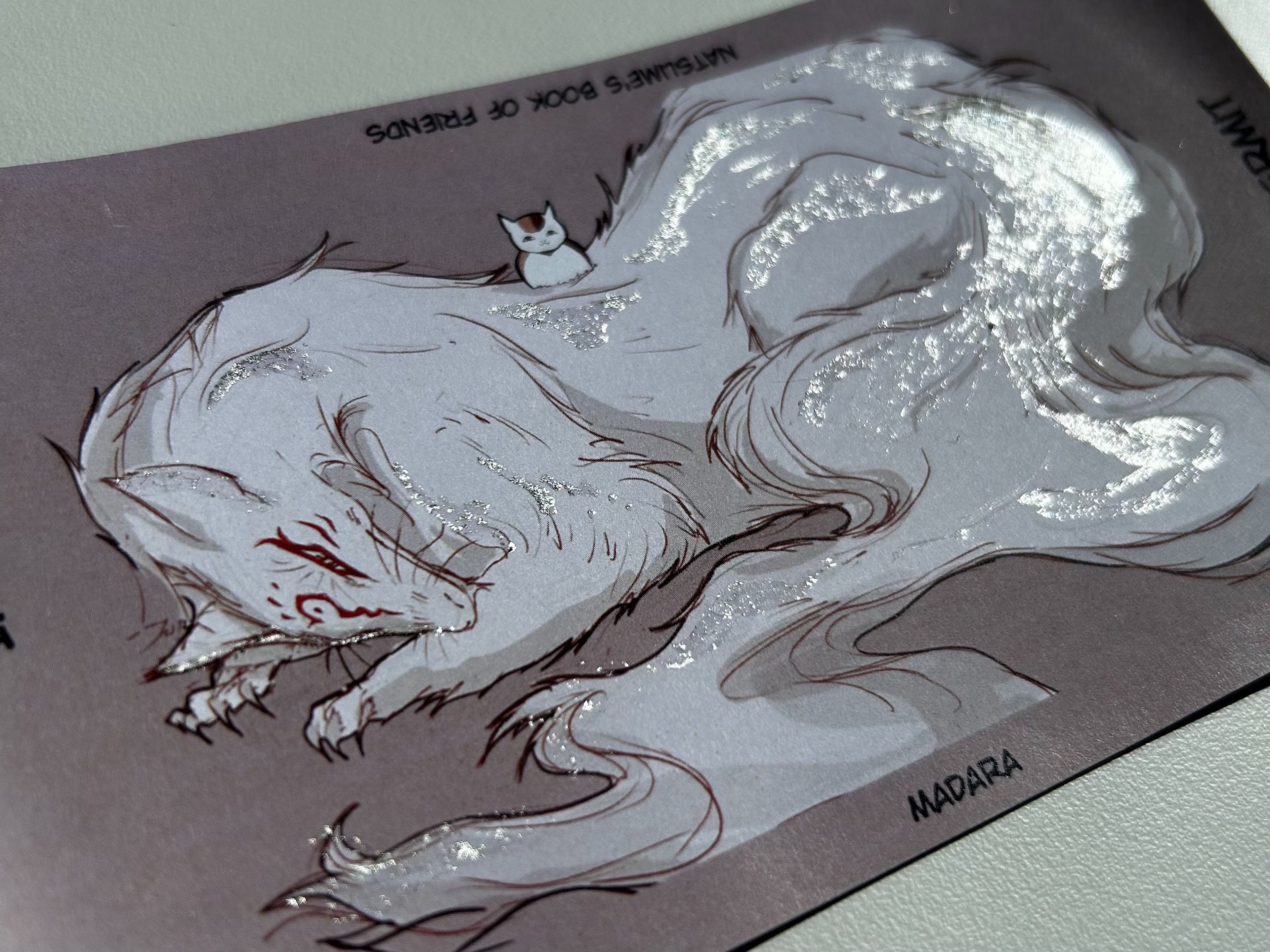 Close-up of a tarot card titled "The Hermit," featuring a serene illustration of a large white cat with red markings and a smaller cat on its back. Silver accents highlight the character's fur, giving it a mystical glow.