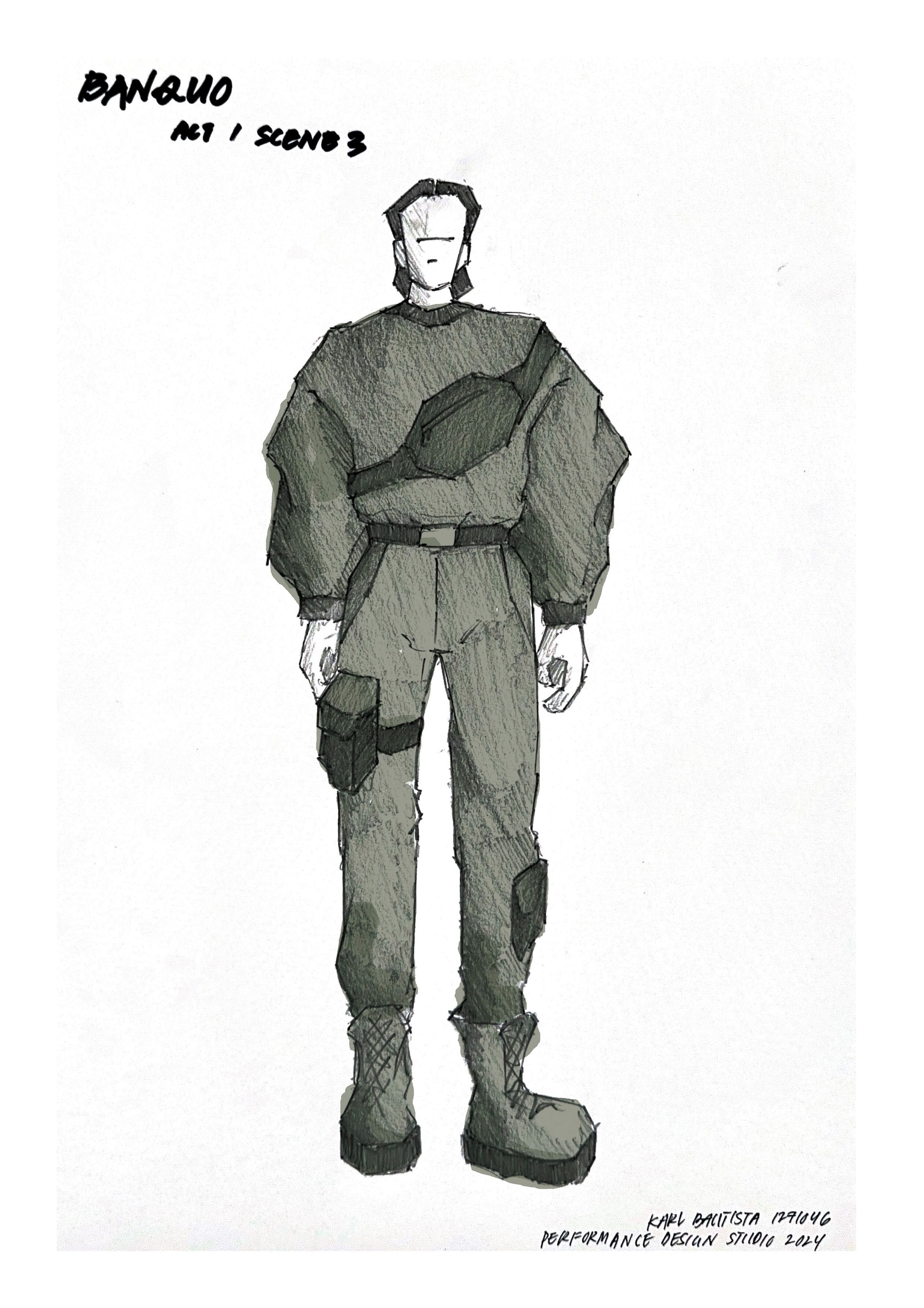 Costume sketch for Banquo in Act 1, Scene 3, featuring a rugged, military-style outfit with padded sections and boots.