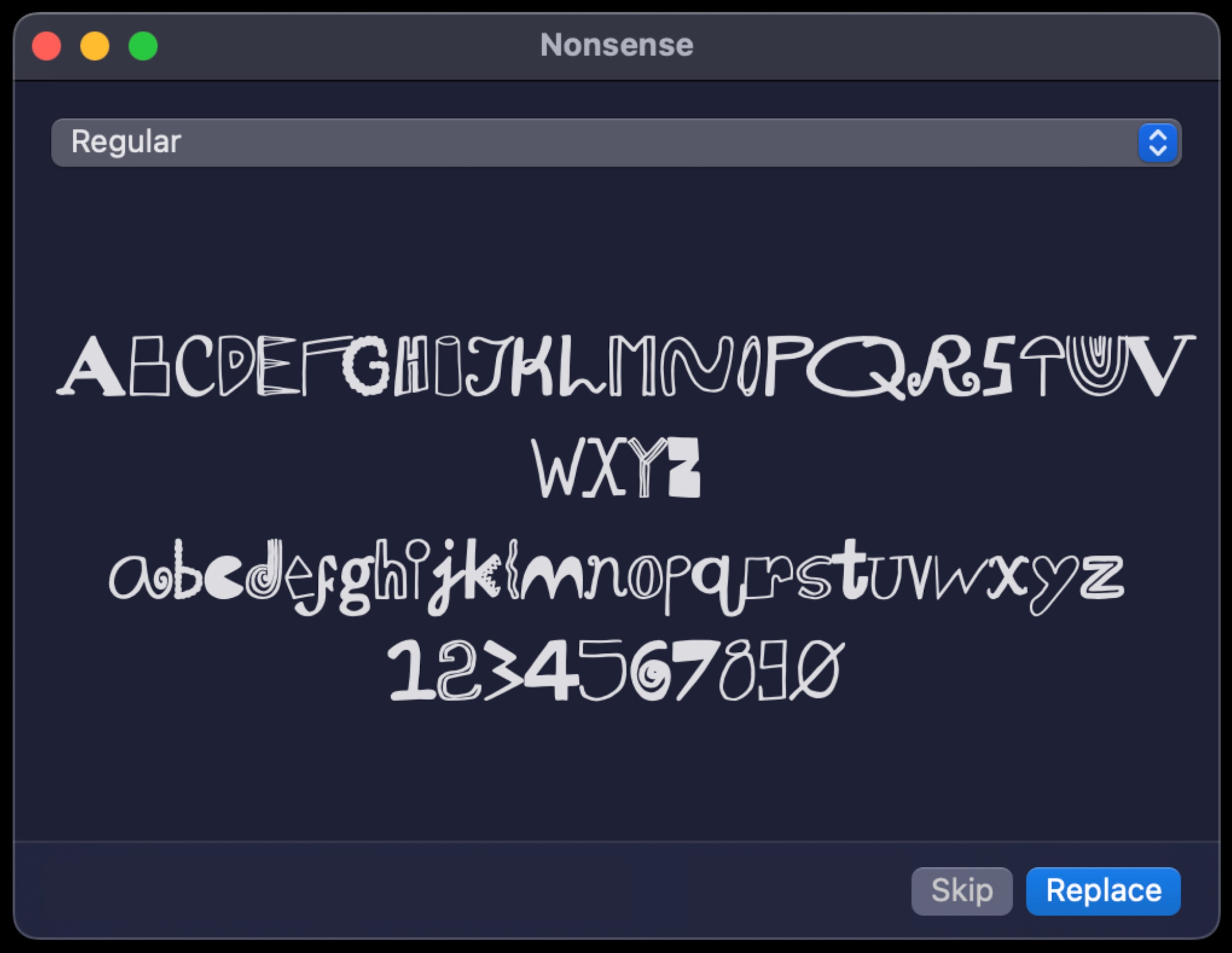 A screenshot of a software window displaying the "Nonsense" typeface, featuring quirky, distorted letters in both uppercase and lowercase along with numbers.