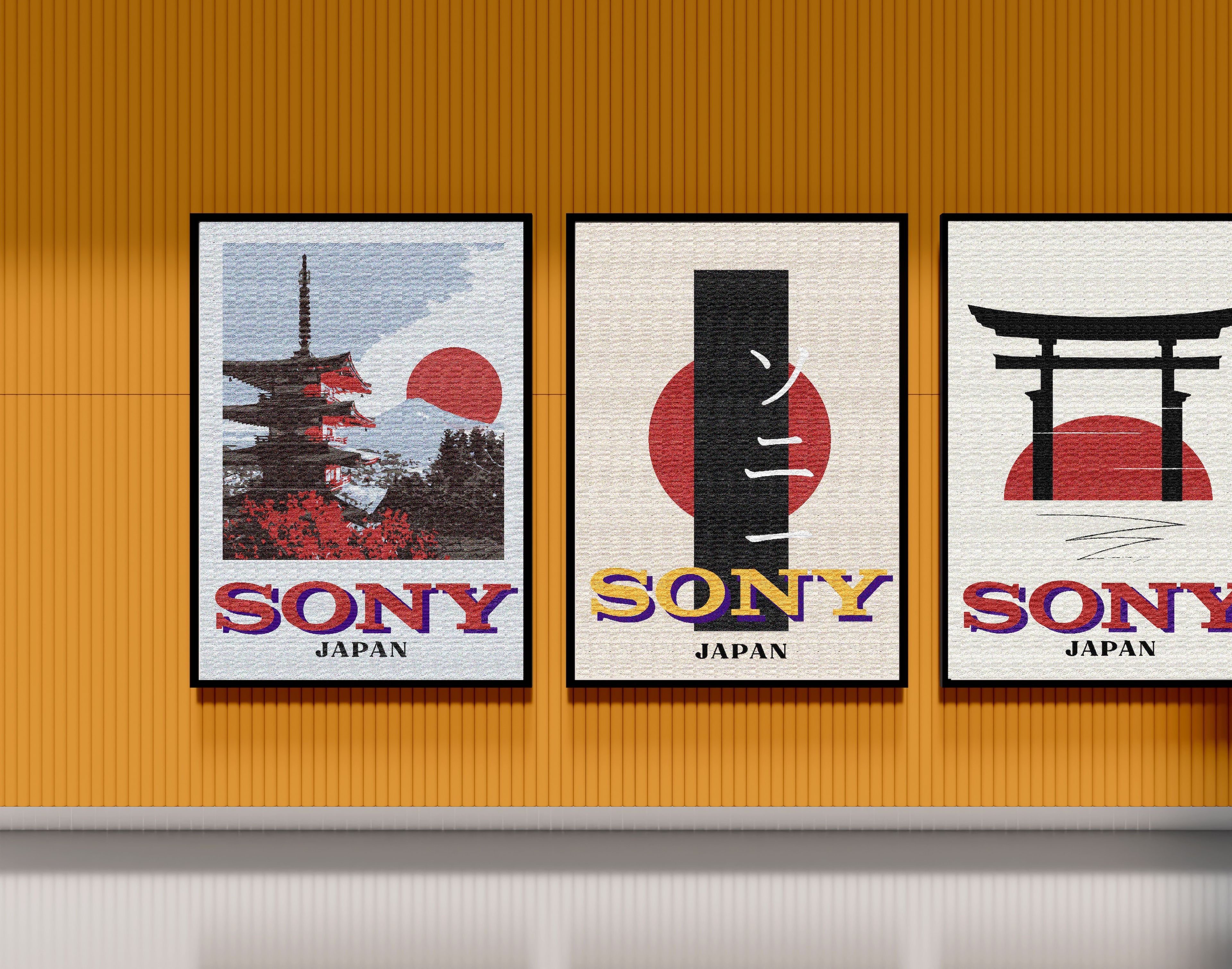 Trio of Sony posters inspired by Japanese landscapes, each featuring traditional imagery like a pagoda, torii gate, and Mount Fuji with a rising red sun motif, set against textured backgrounds.