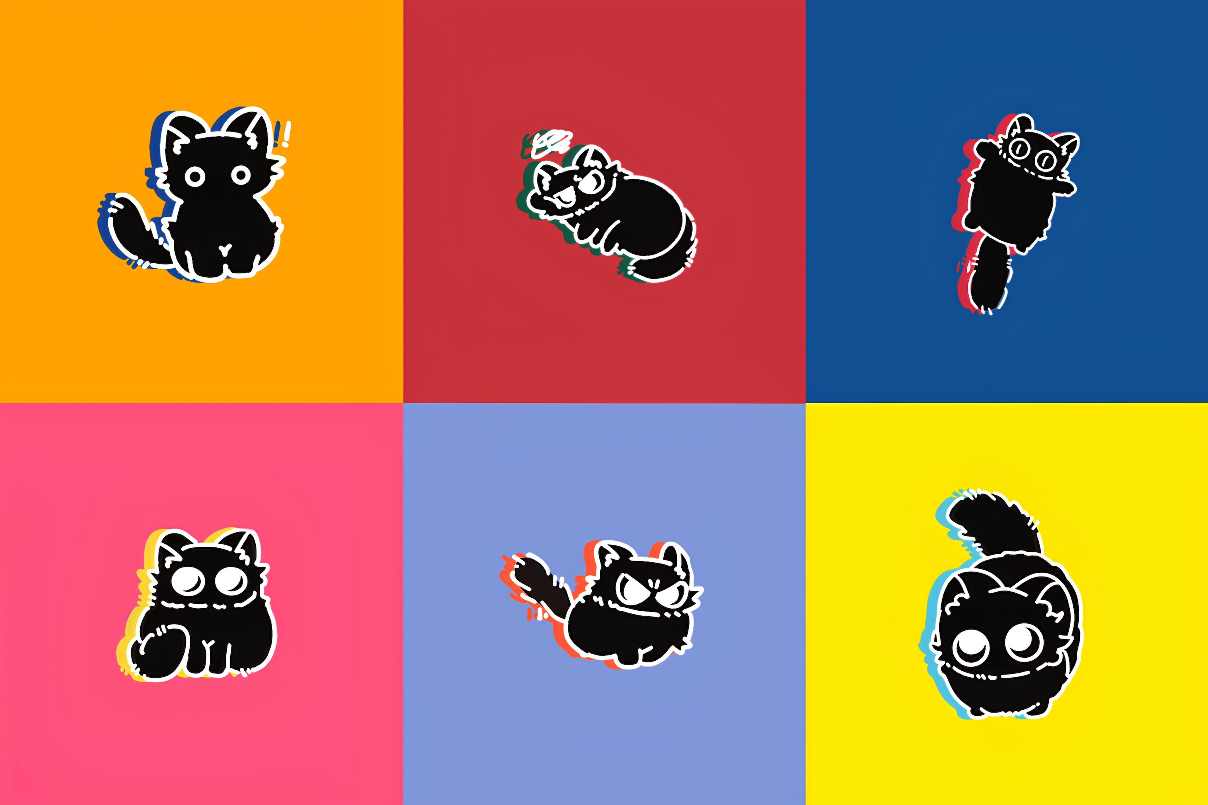 Character design sheet featuring six variations of a cute black cat mascot, each with distinct expressions and poses set against bold colour blocks. Simple silhouette style enhanced by offset colour highlights.