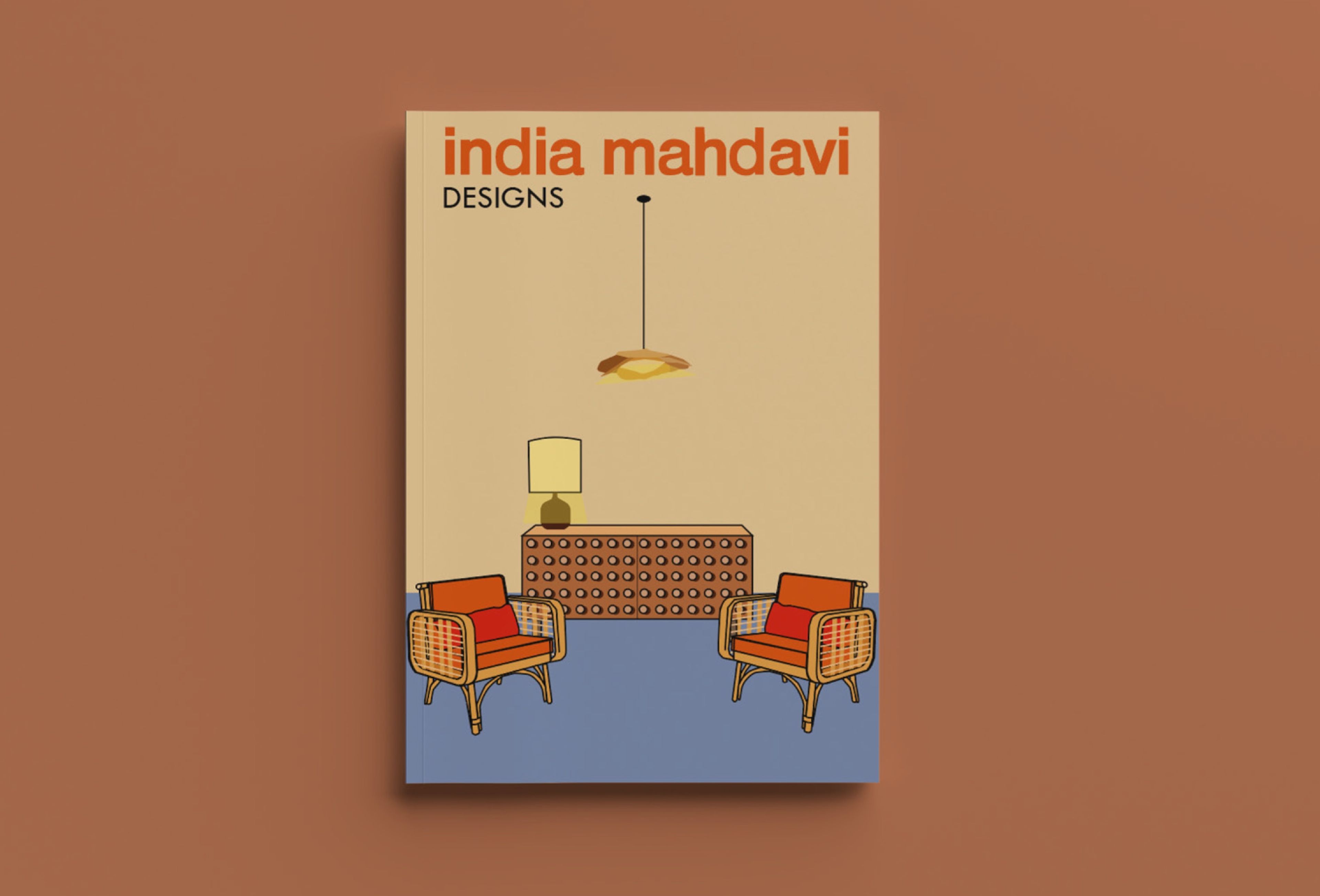 Book cover design for 'India Mahdavi Designs' featuring minimalist illustration of a mid-century modern interior. Shows two orange rattan armchairs with red cushions, a studded credenza with table lamp, and pendant light against beige walls and blue floor. Simple typography in coral orange.