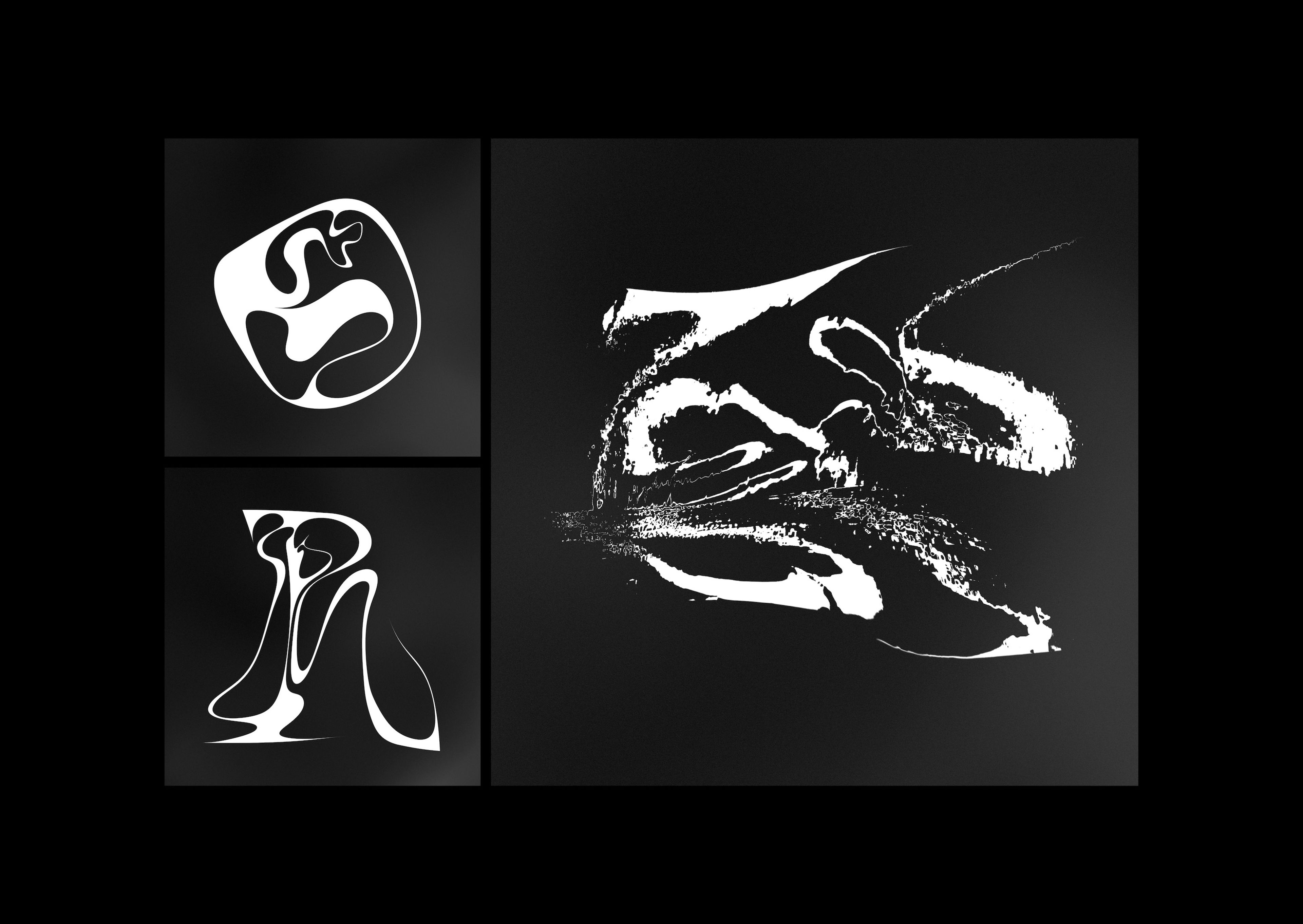 Triptych of black and white abstract shapes depicting the letters 'O', 'R' and 'X', arranged against a dark background.