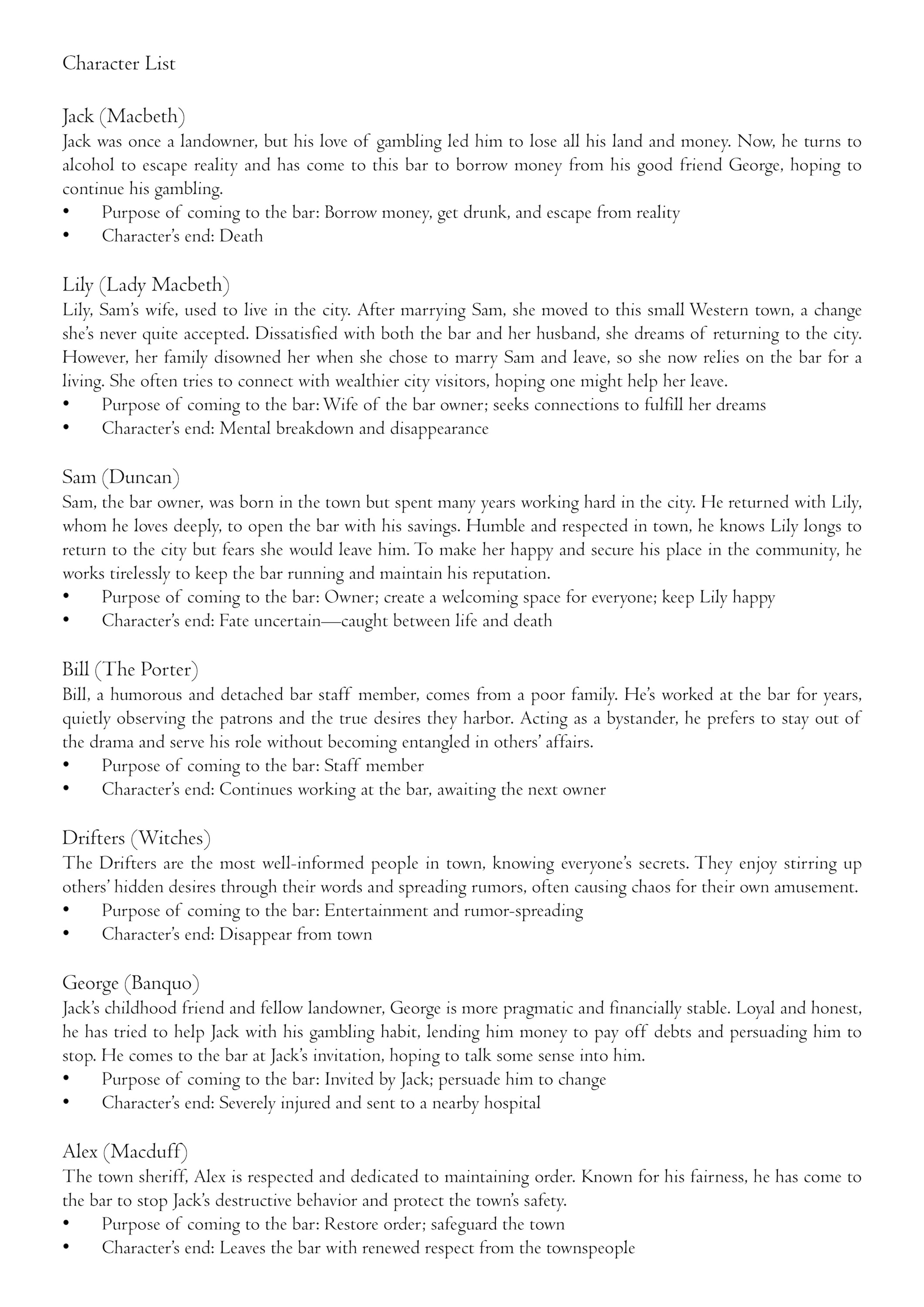 Character list detailing personality traits, motivations, and endings for characters in a Western adaptation of Macbeth.