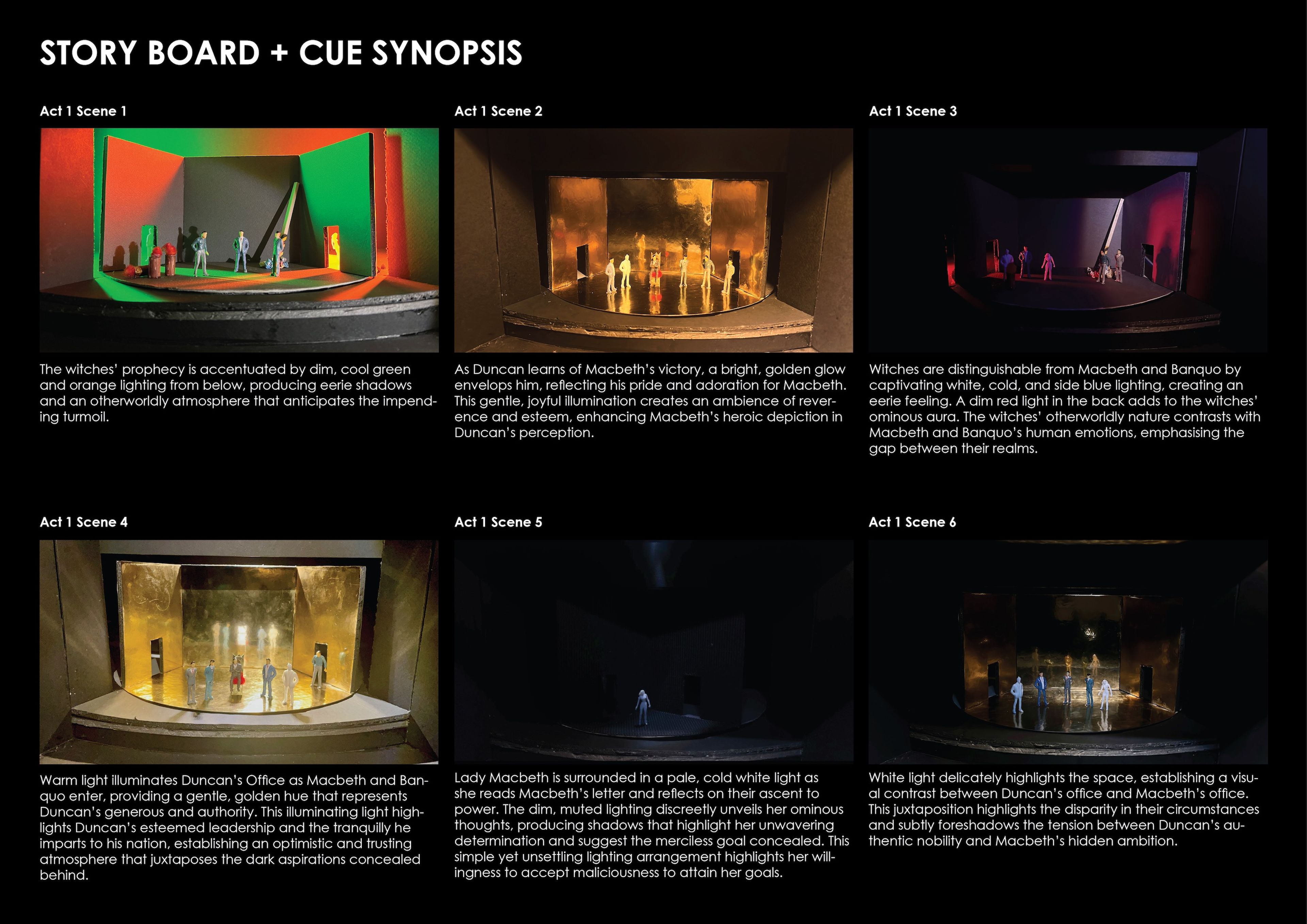 Storyboard for Act 1, illustrating various scenes with set models and lighting cues. Each scene features specific lighting colours and character placements to convey mood shifts and character dynamics.