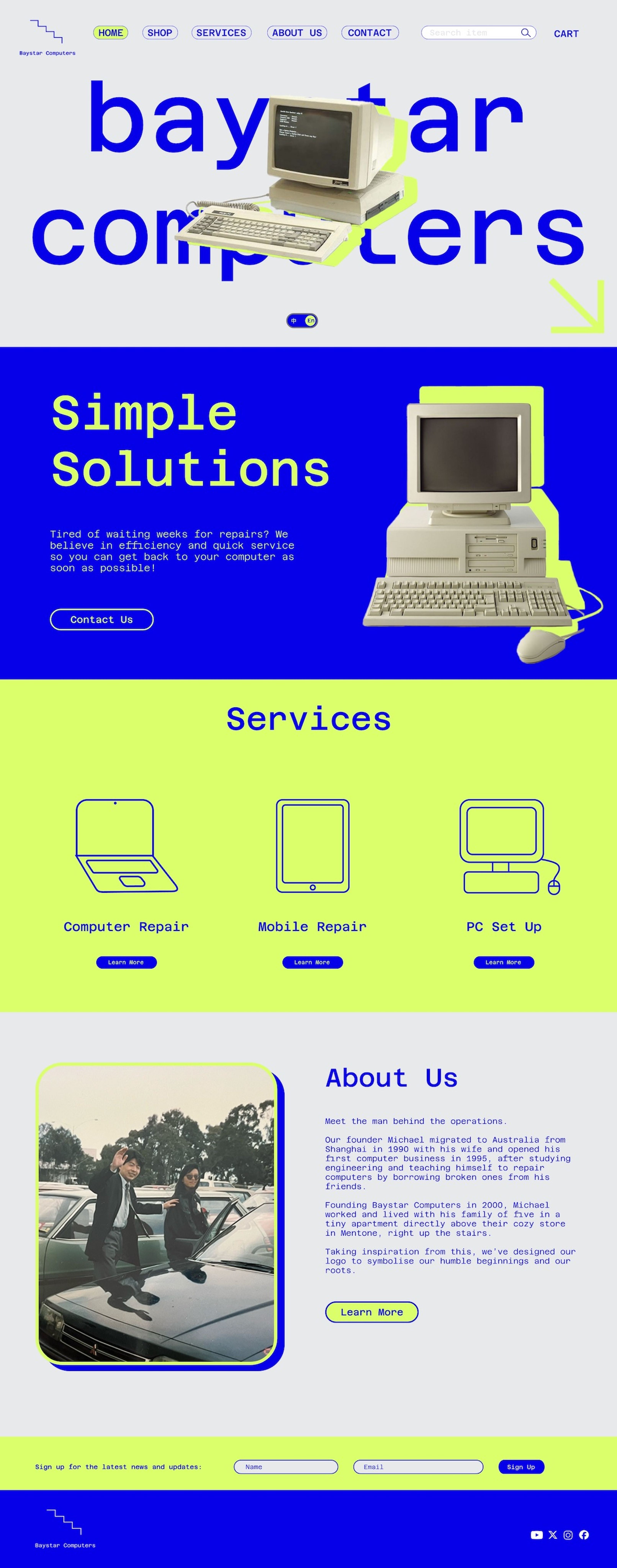 Web design mockup of Baystar Computers homepage, featuring retro computer imagery with vibrant blue and lime green accents. The text 'Simple Solutions' highlights the brand's focus on efficient repair services.