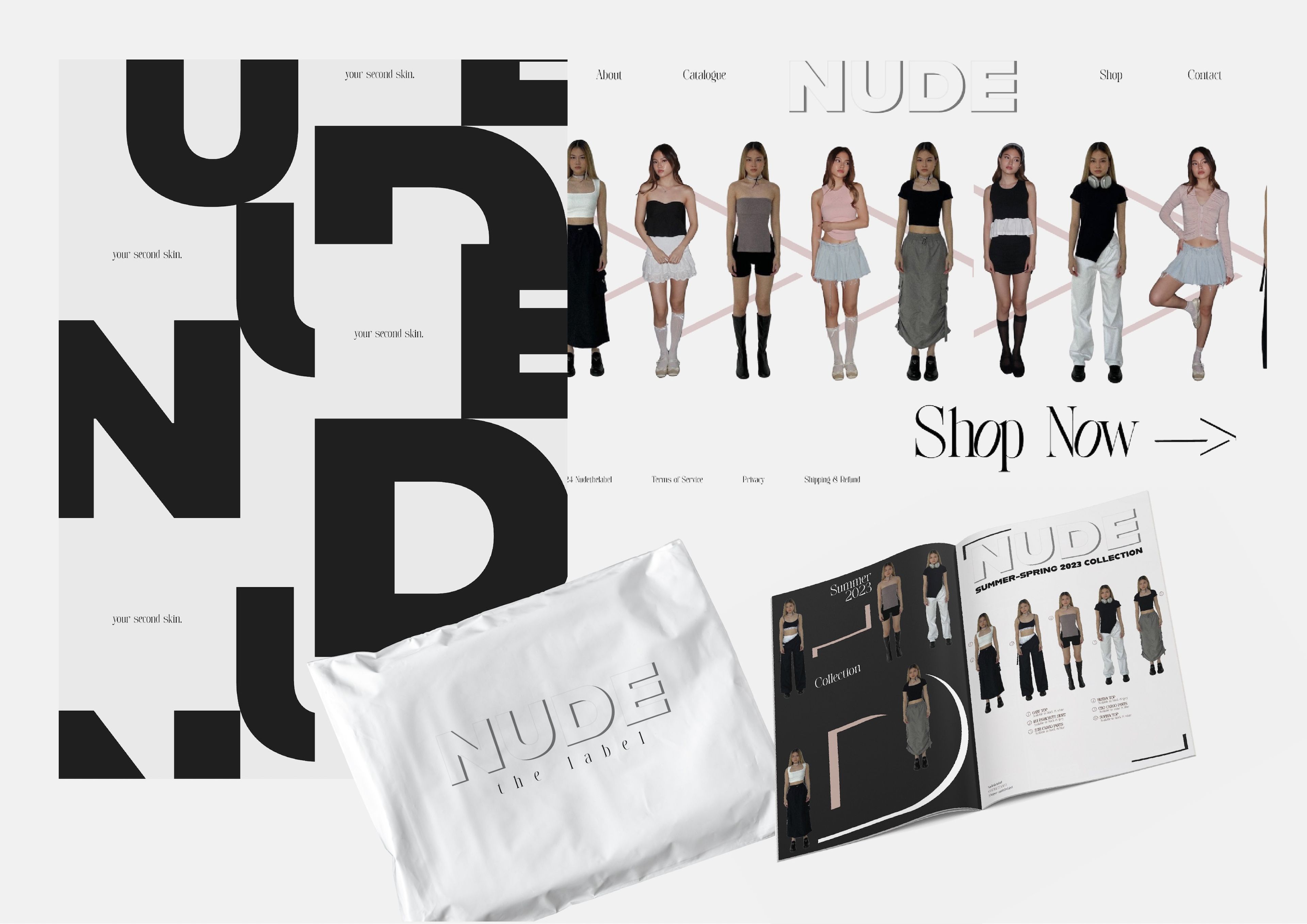 Collage of branding elements for fashion label 'NUDE' featuring minimalist black typography against white background. Displays collection of outfits styled options on models, a 'Shop Now' call-to-action, and product packaging including a white shipping bag and catalogue.