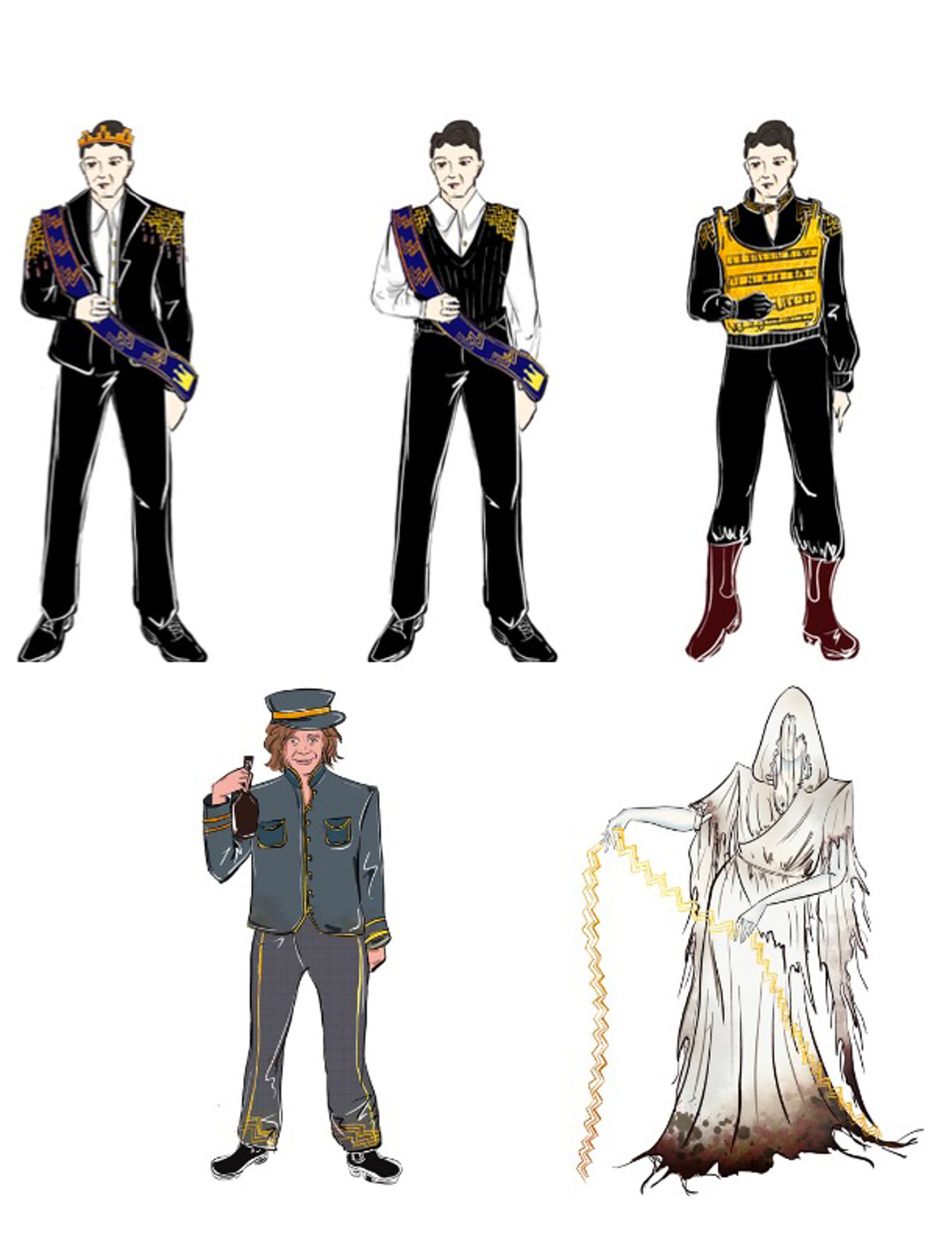 A collection of costume design renderings for characters in Macbeth