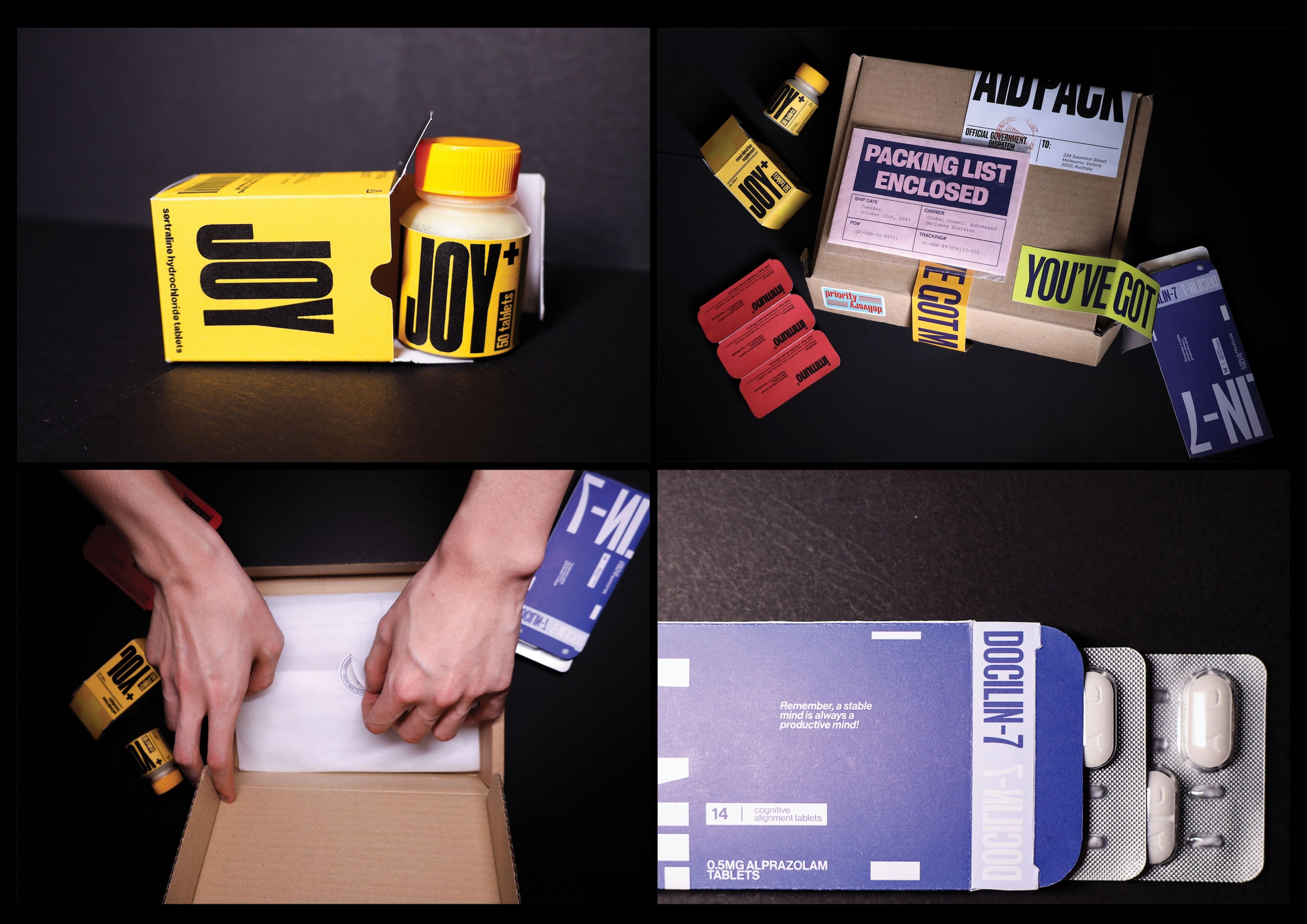 A multi-panel image displaying the branded packaging and product design for "Joy+," a yellow bottle with bold, black typography, and "Doclin-7," blue and white cognitive alignment tablets with minimalist text.