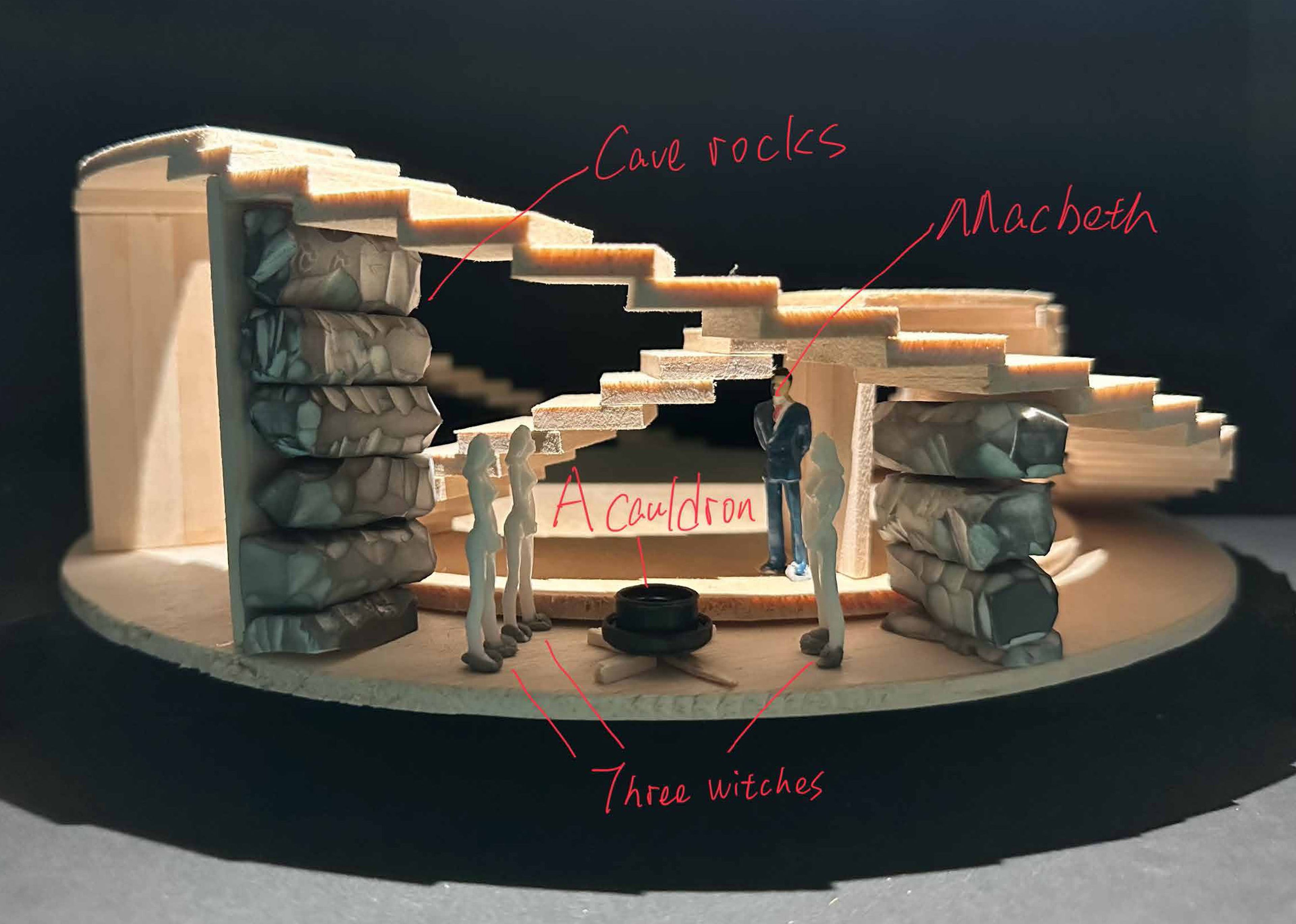 This set design vividly captures the iconic "witches' cauldron" scene in Macbeth