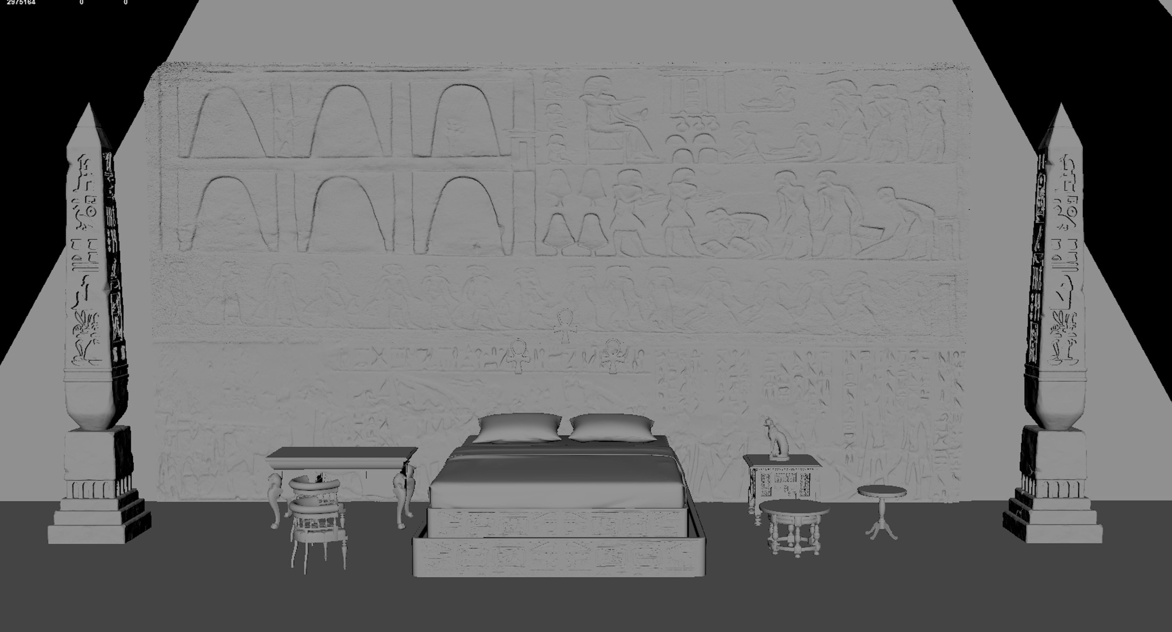 Greyscale 3D model of an Egyptian bedroom interior with hieroglyph-covered walls, ornate pillars, and period furniture arranged around a central bed