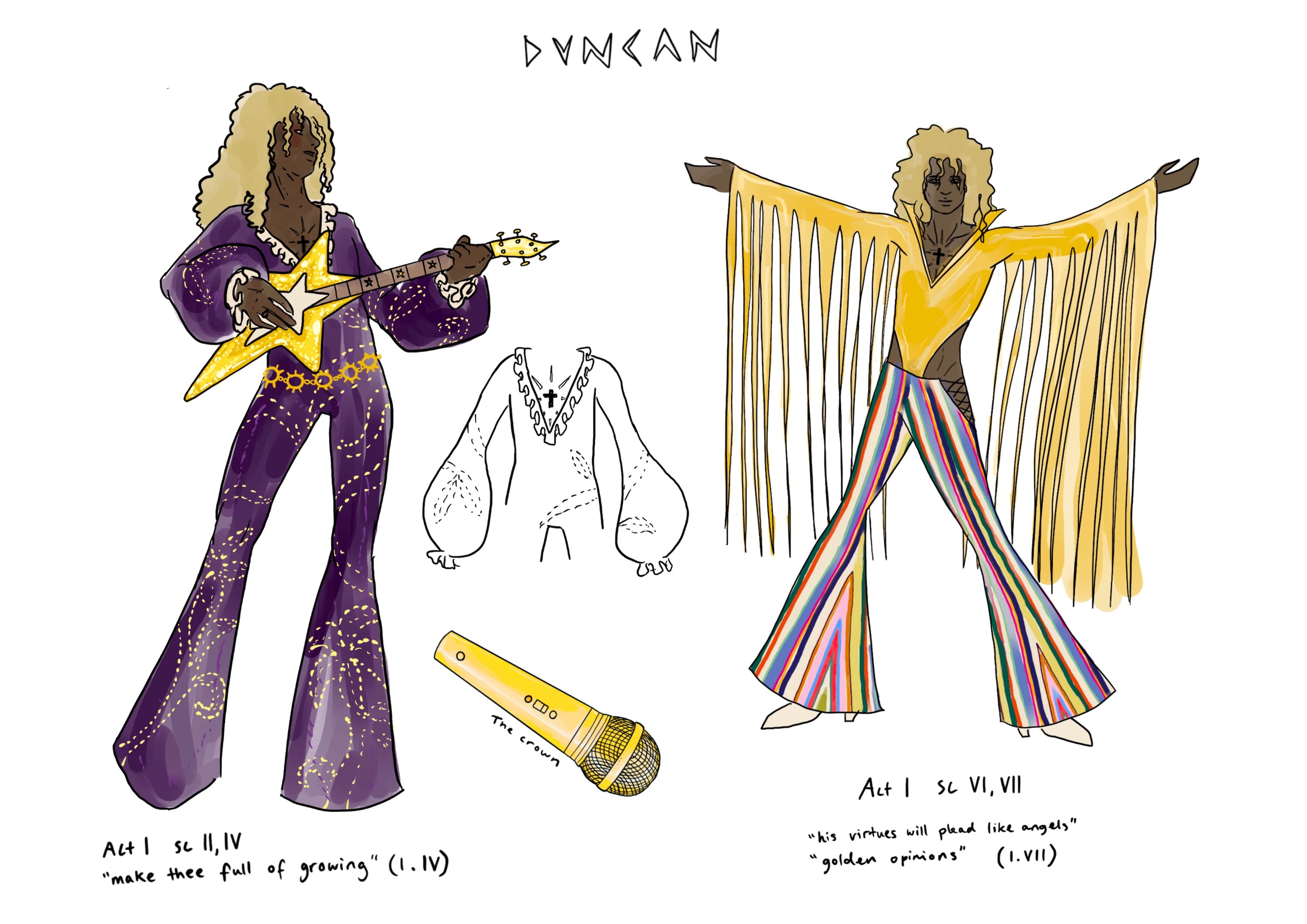 Digital costume illustration of Duncan, in flamboyant, star-studded and fringed costumes inspired by 70s rock.