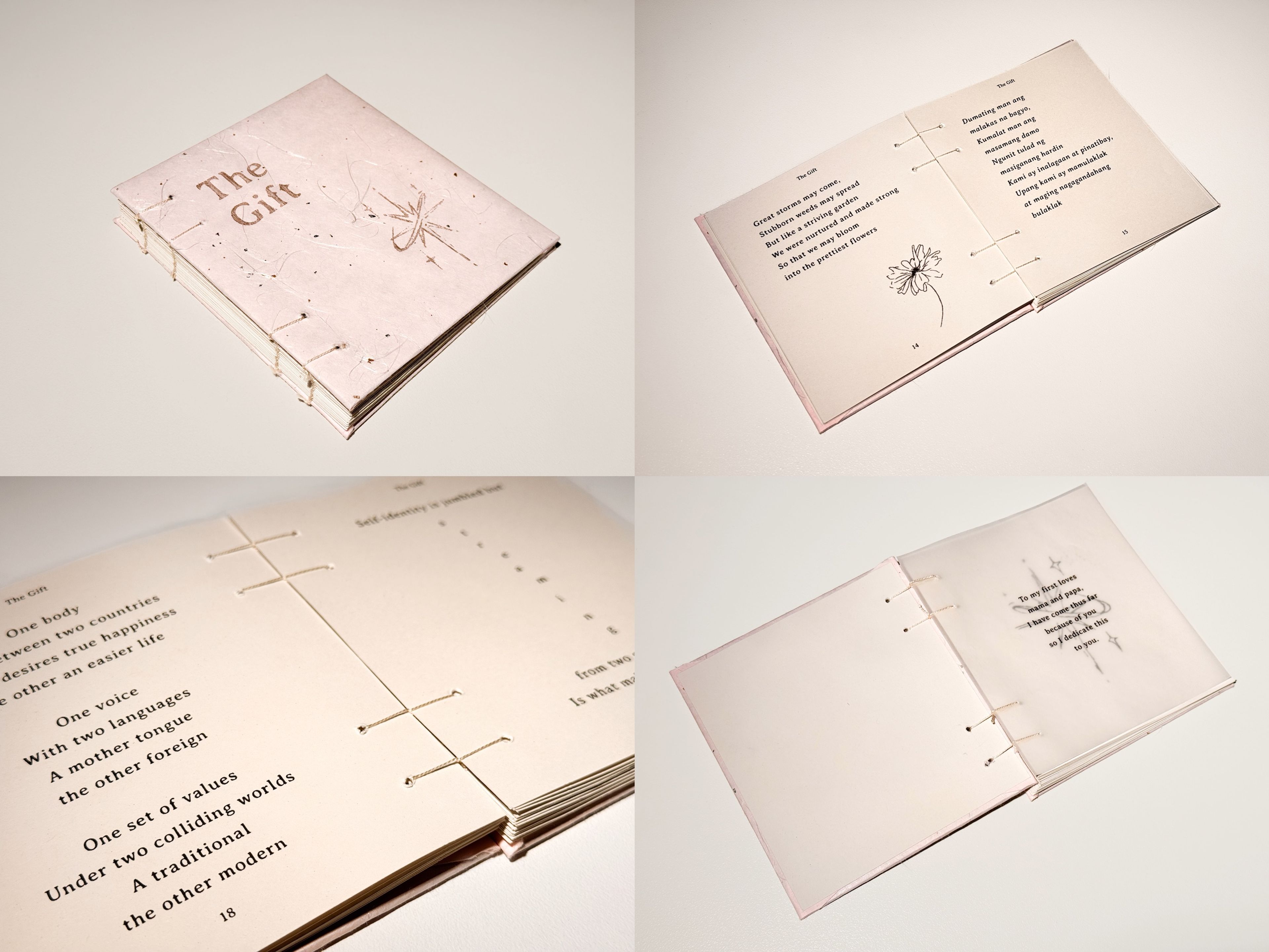 A handcrafted book titled "The Gift" with exposed spine stitching and a pale pink, textured cover featuring minimalist type and a floral illustration. Inside, poetic verses in serif type are paired with subtle line illustrations, creating a clean, airy layout with ample white space.