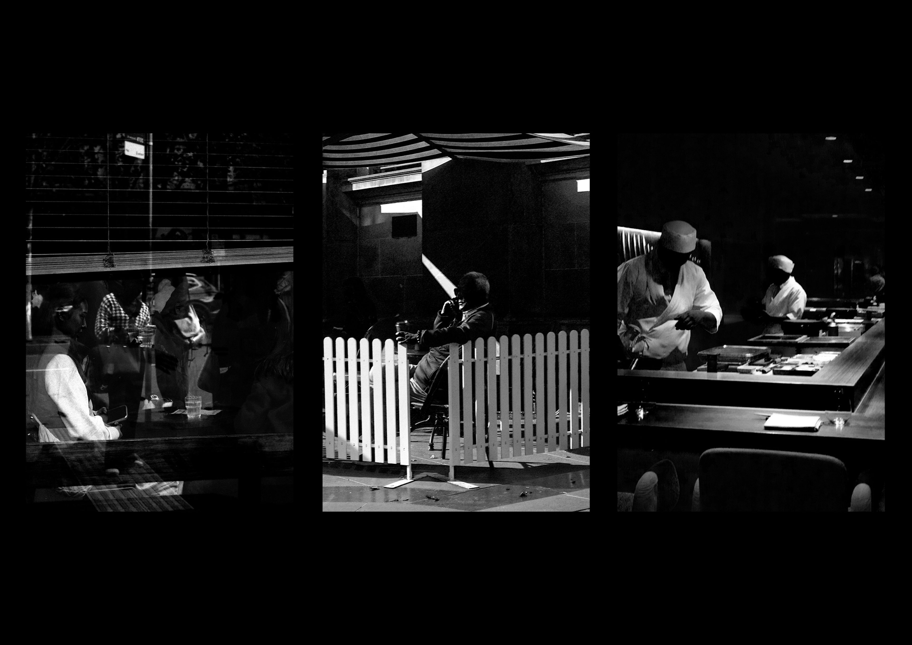 Black and white triptych depicting urban cafe scenes with dramatic lighting. Composition emphasises architectural elements and human figures through window frames, picket fences, and bar counters.