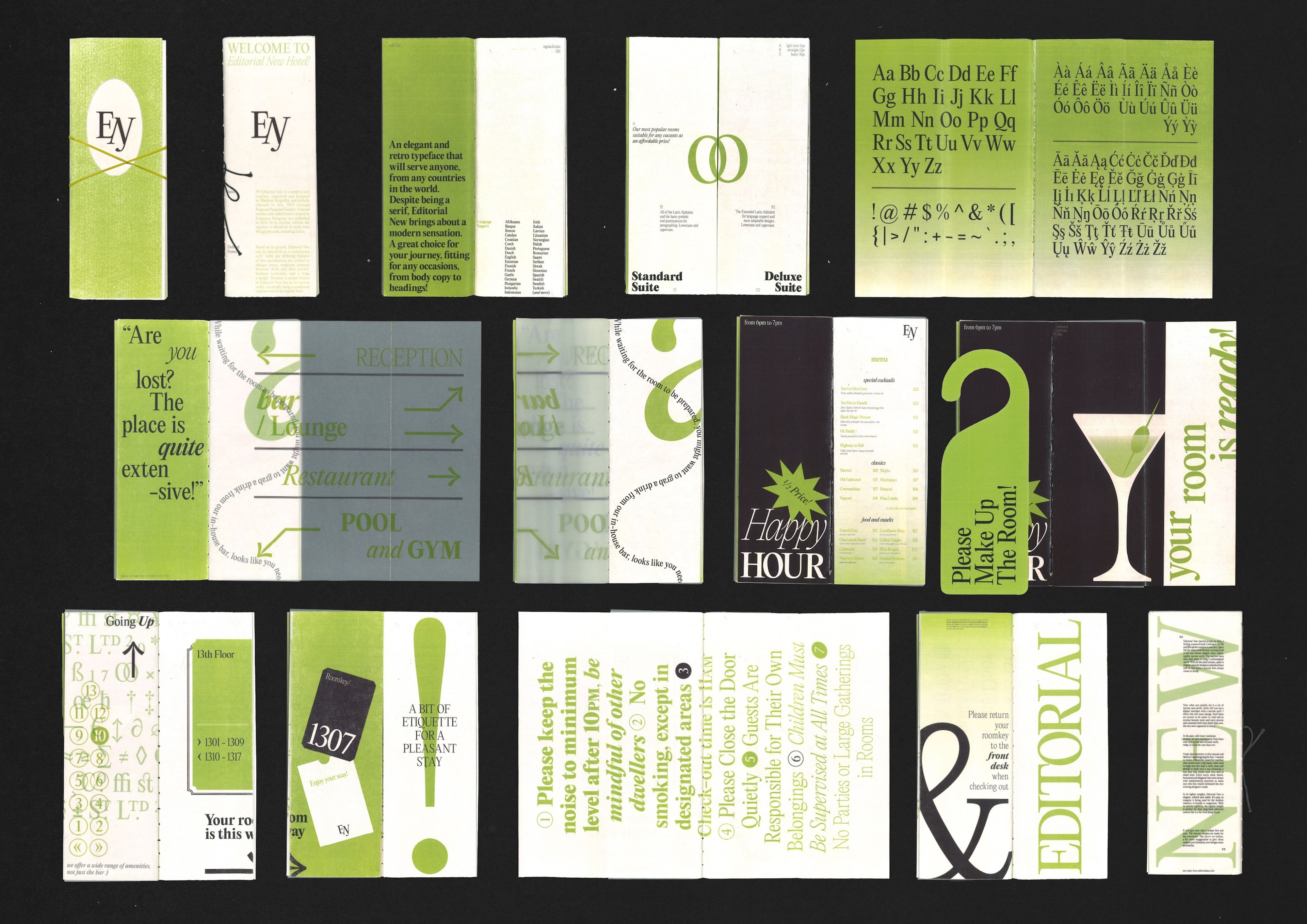 A spread of stationery items for a conceptual hotel brand, "Ey," featuring consistent green and grey tones. Includes brochures, a directory, do-not-disturb door tags, menus, and typography samples. The cohesive design uses contemporary, elegant fonts and minimalist layouts.