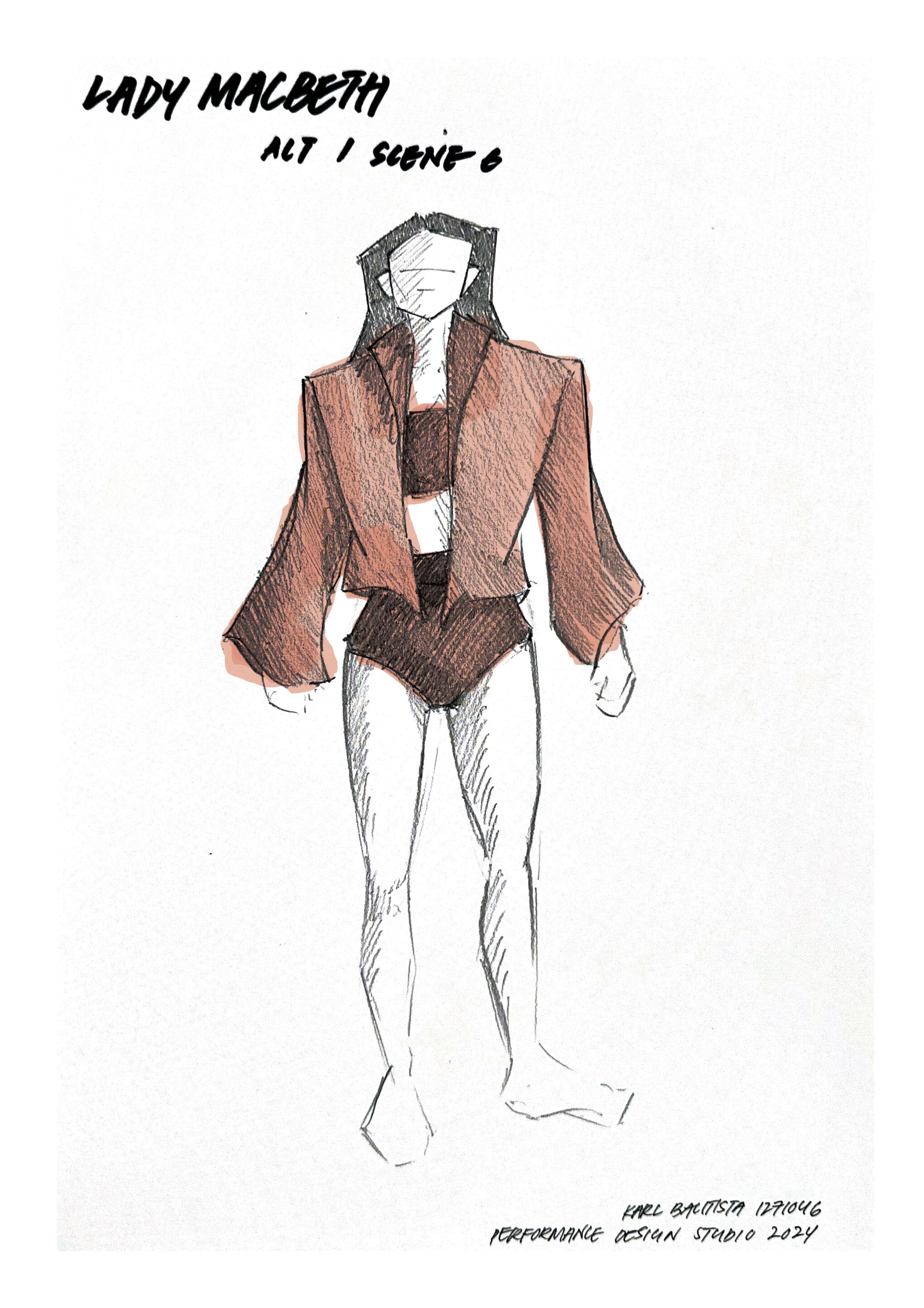 Costume sketch for Lady Macbeth in Act 1, Scene 6, wearing a cropped jacket and undergarments in brown tones.