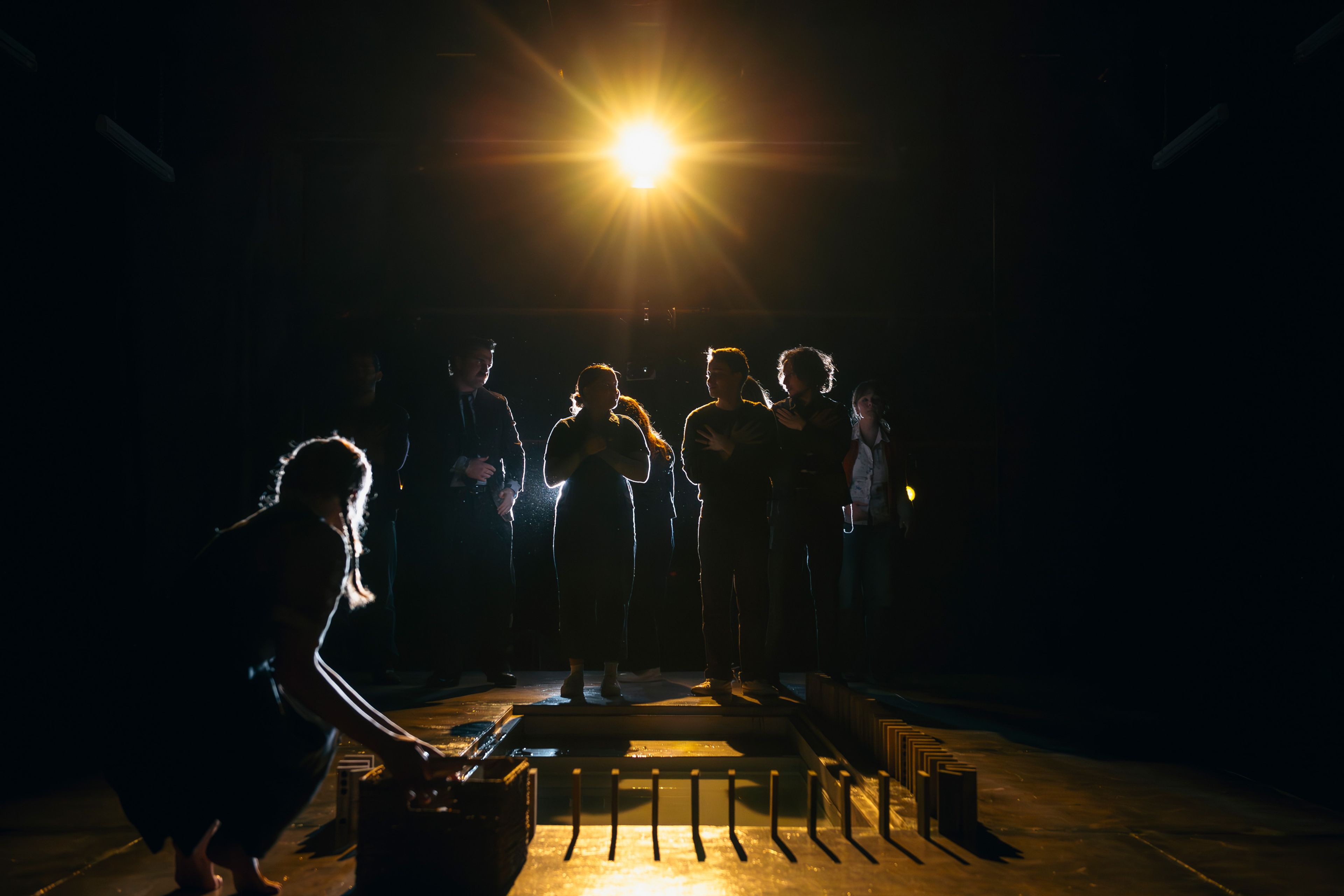 Theatre production photograph showing performers in silhouette against a bright spotlight, creating strong contrast with their figures arranged on a raised platform.