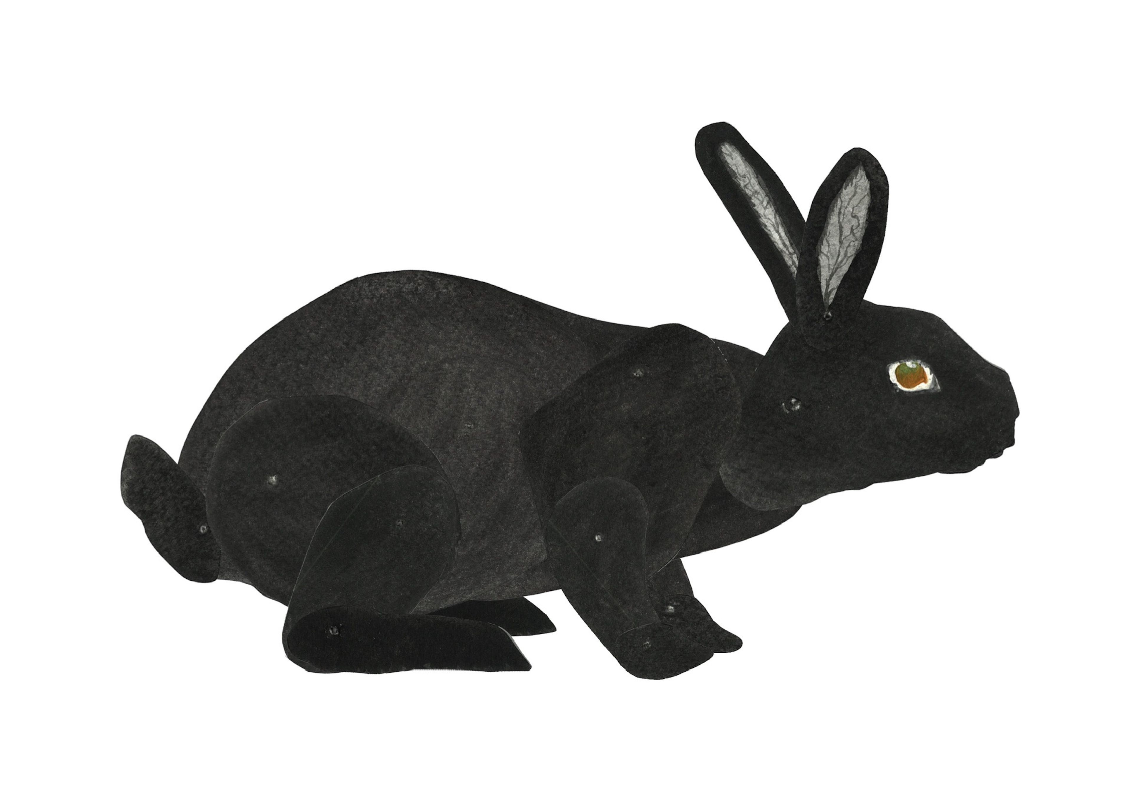 A black puppet of a rabbit with movable joints. The rabbit’s silhouette is bold, with simple, minimal details that hint at its texture and form.