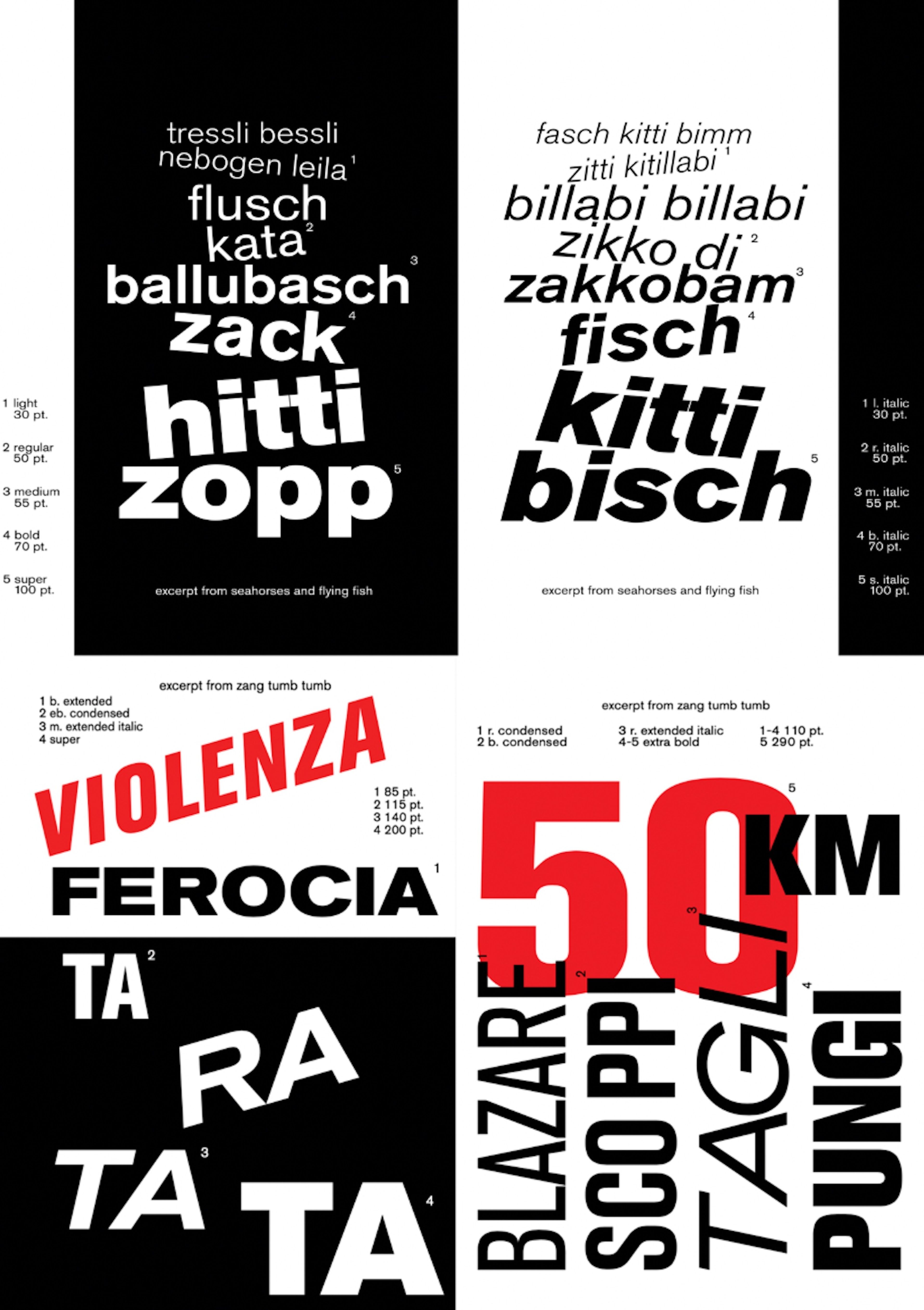 Typography-based design featuring bold, large-scale words in various font weights and styles. Words include "VIOLENZA," "50 KM," and "FEROCIA" in Italian, with contrasting black and red text.