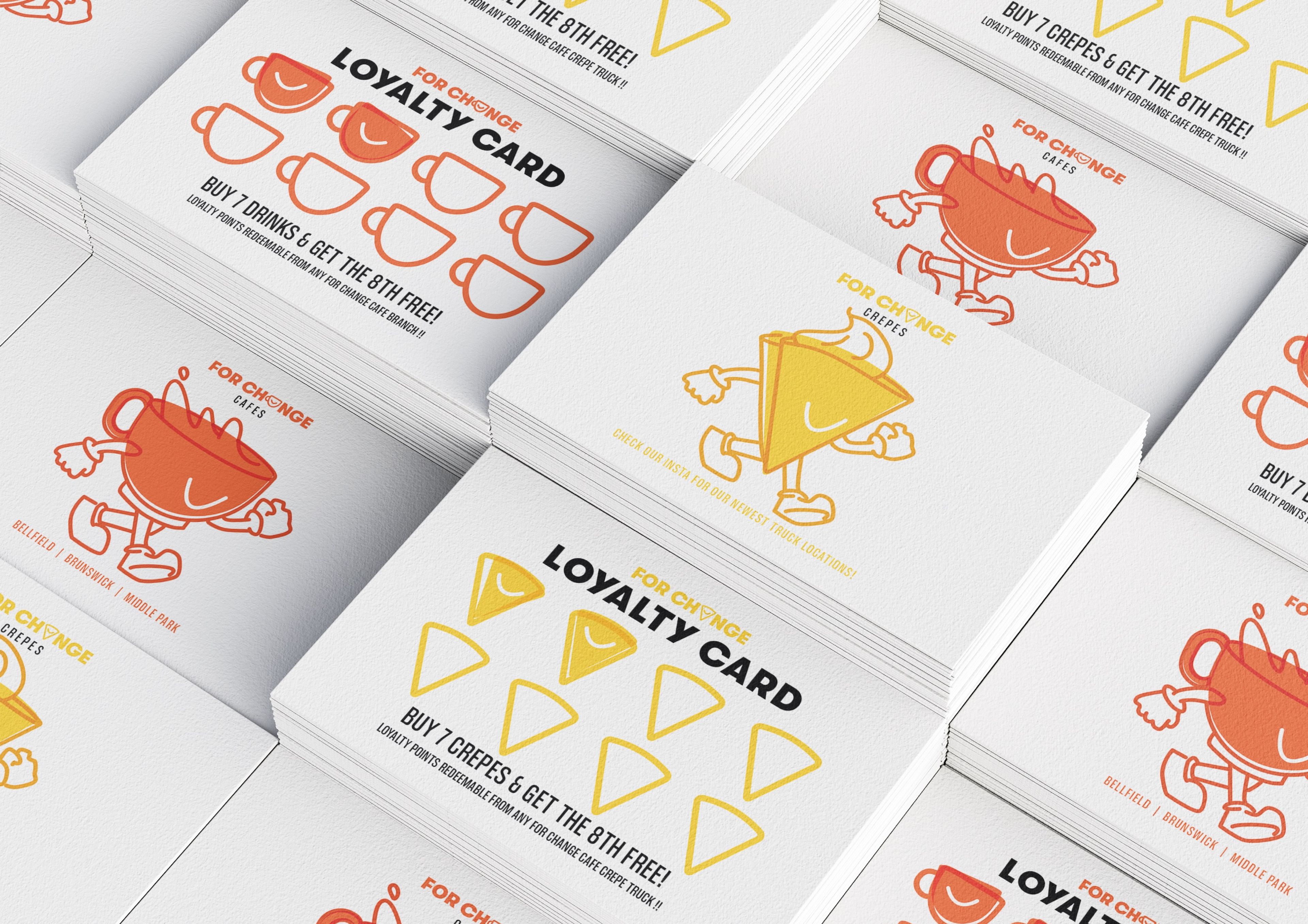 Stack of loyalty cards for 'For Change' café and crepe truck, featuring playful cartoon characters of a coffee cup and a crepe slice. The cards use orange and yellow tones, with text promoting loyalty rewards.