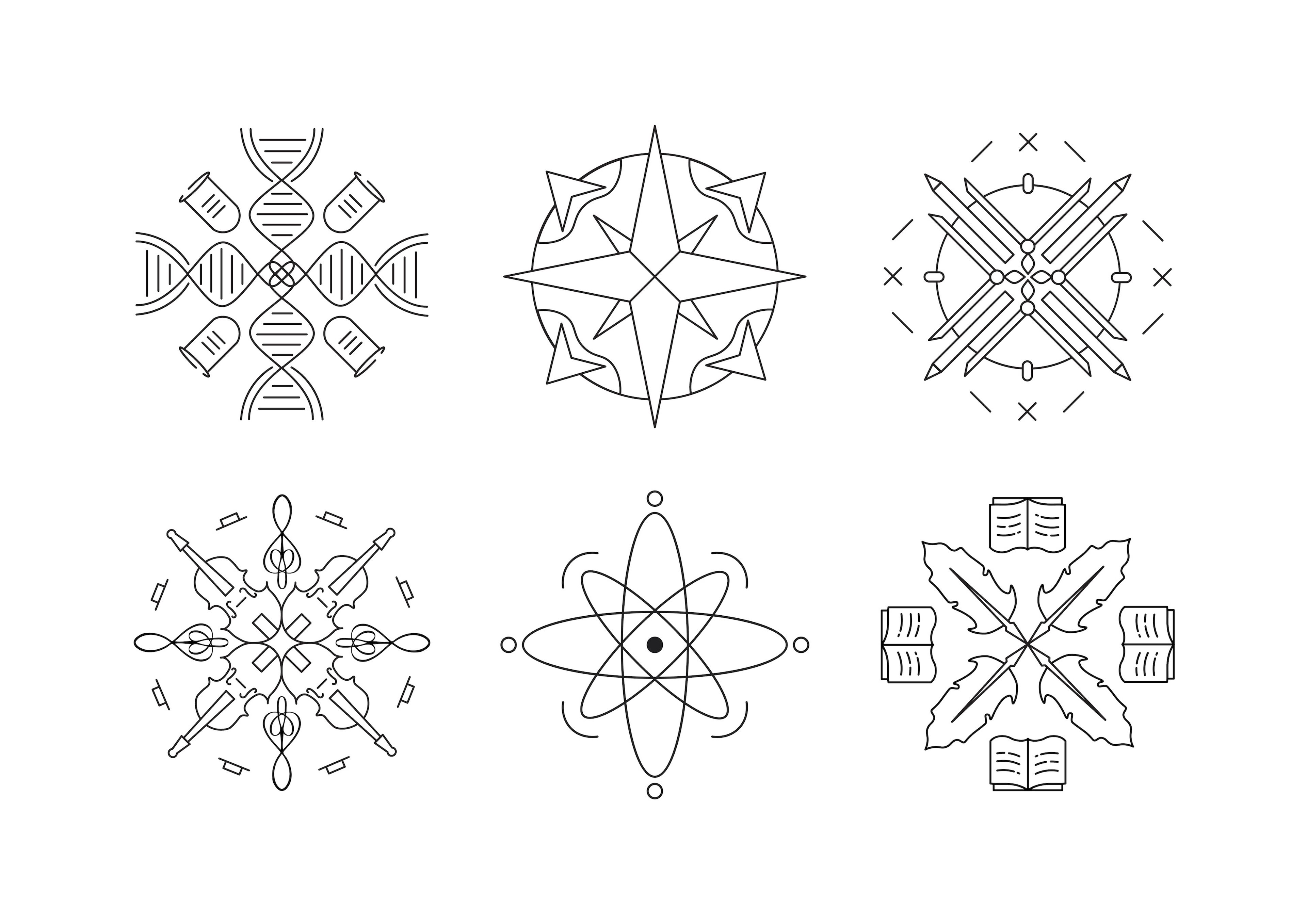 Set of six minimalist line art icons in black, illustrating various concepts like DNA, a compass, pencils arranged in a star shape, a music theme with violins, an atomic model, and an open book with leaves.