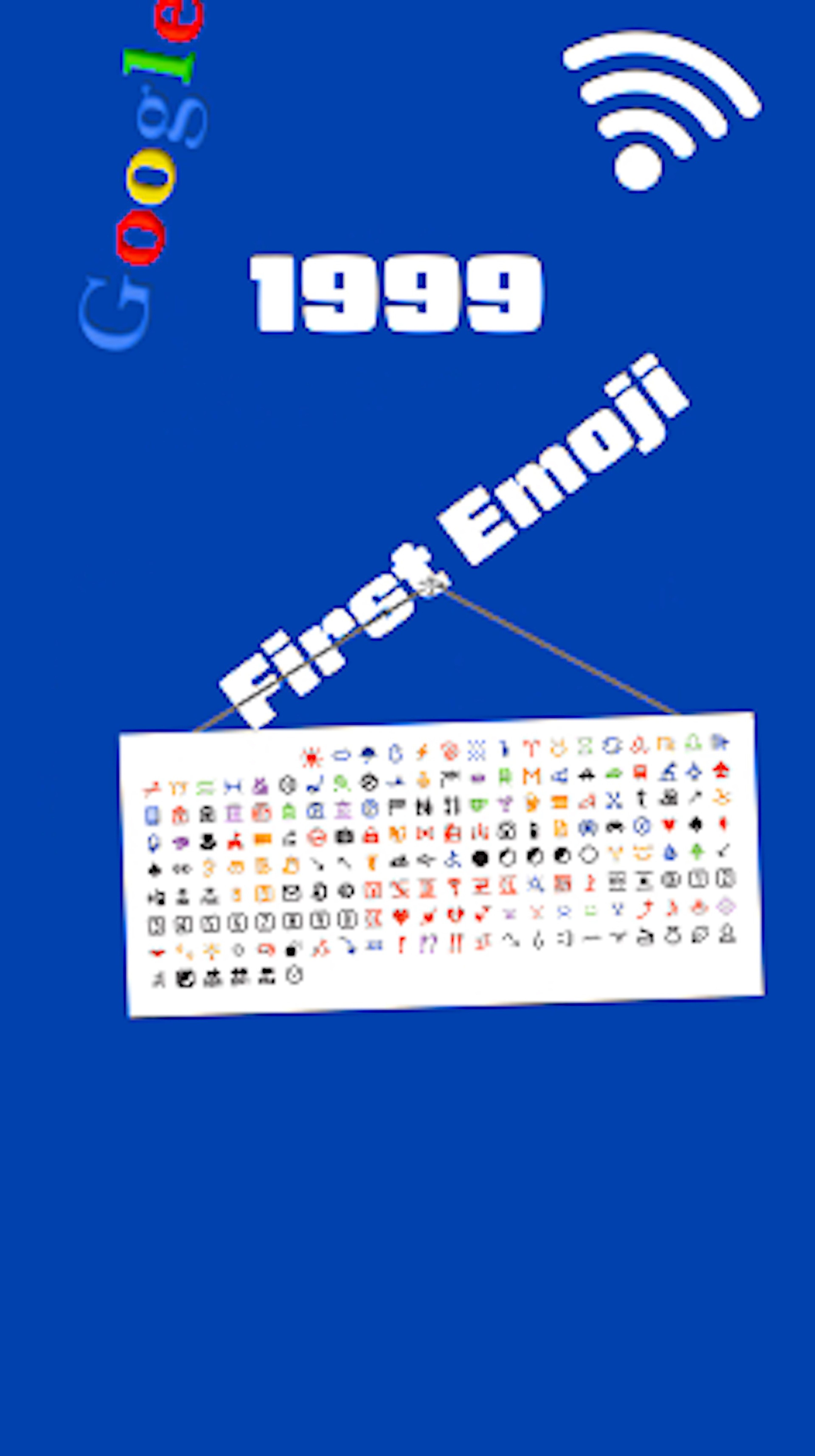 Blue background with '1999' and 'First Emoji' text, showing a collection of early emoji icons. Google logo and Wi-Fi icon appear in the design