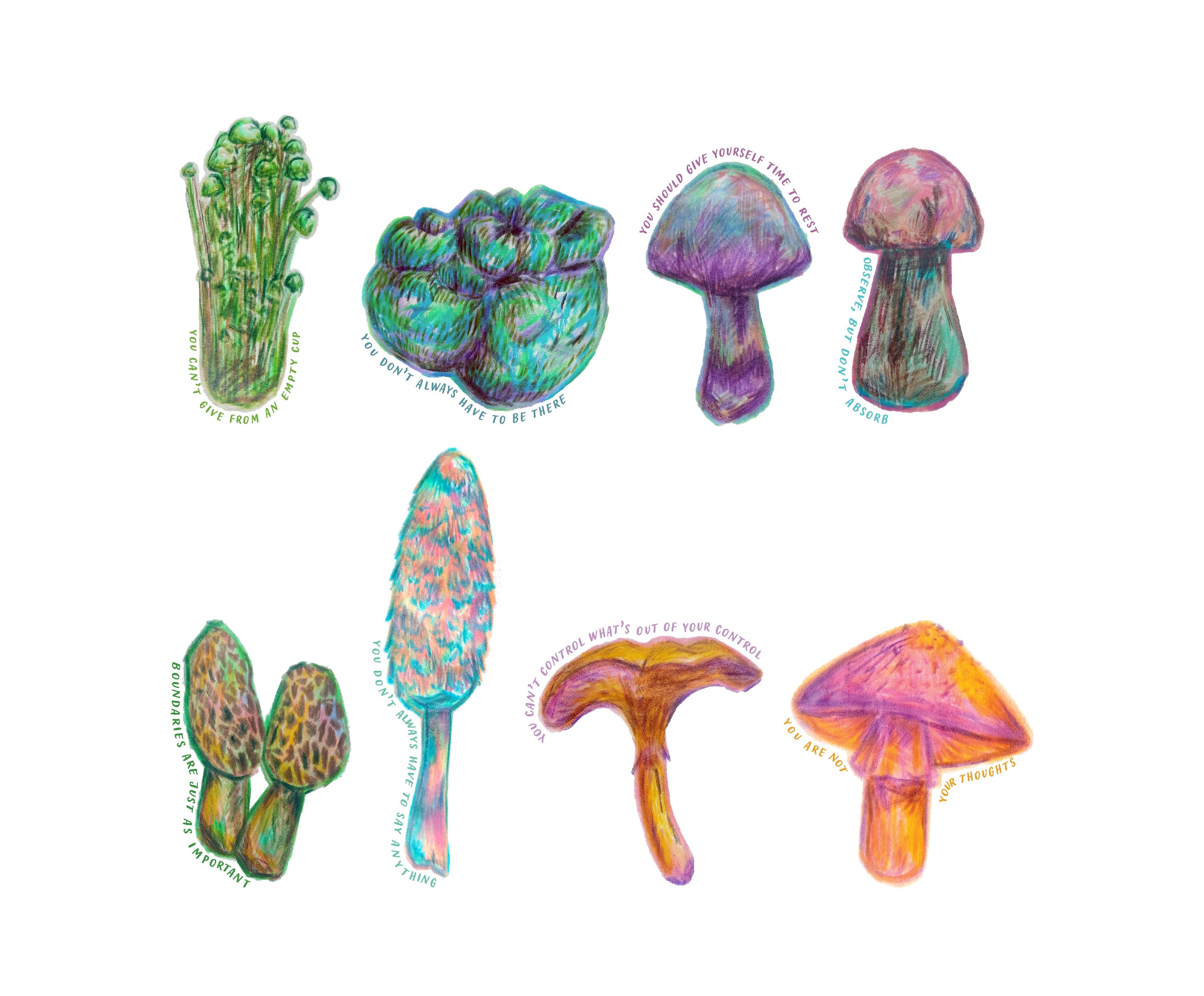 An array of hand-drawn mushrooms and fungi in soft pastel colors. Each mushroom is labeled with phrases like "You can’t give from an empty cup" and "Boundaries are just as important," offering affirmations and reminders of self-care.