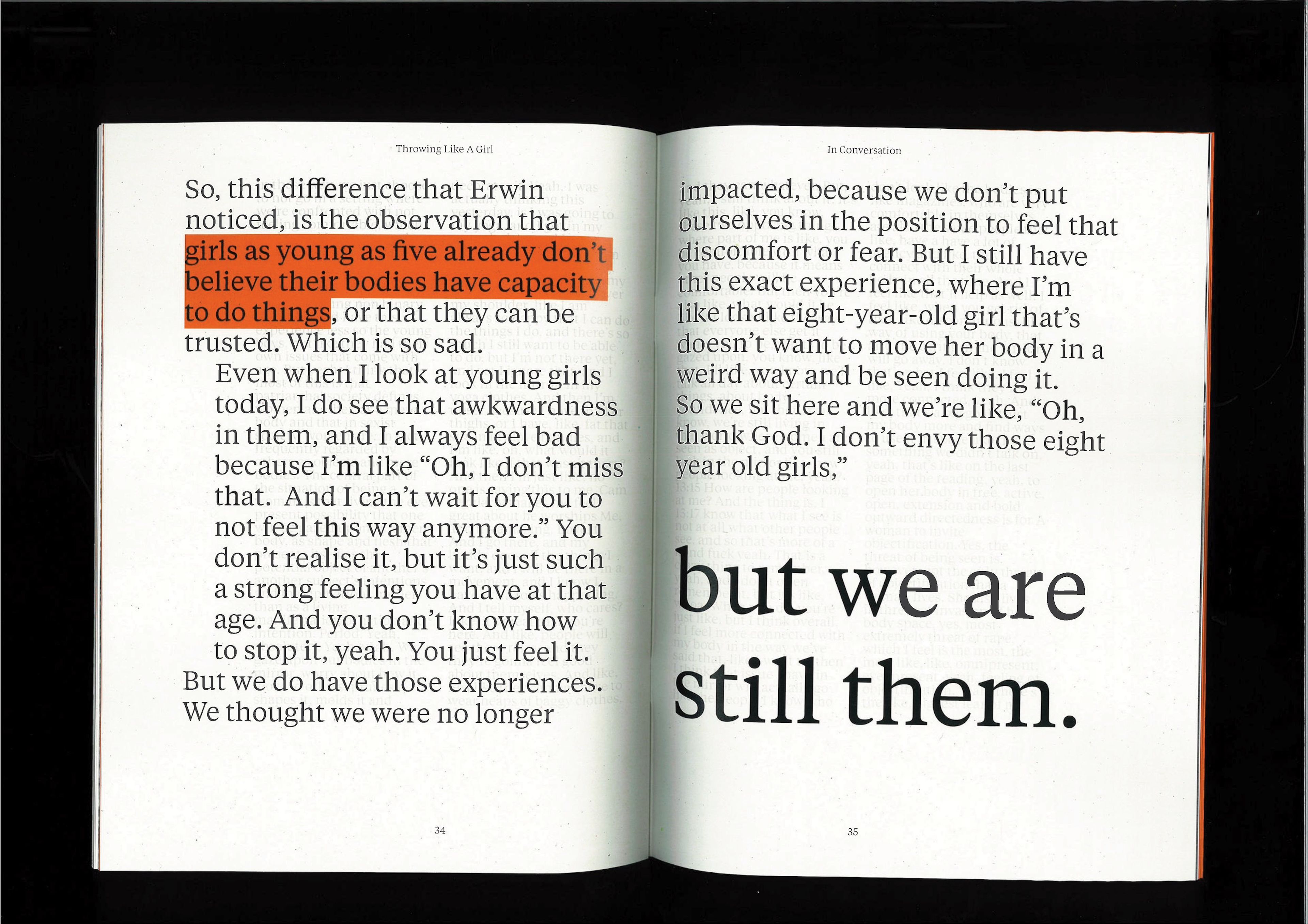 Open spread of a book. Left page features a highlighted line in orange reading, "girls as young as five already don’t believe their bodies have capacity to do things," while the surrounding text explores the impact of societal expectations on young girls.