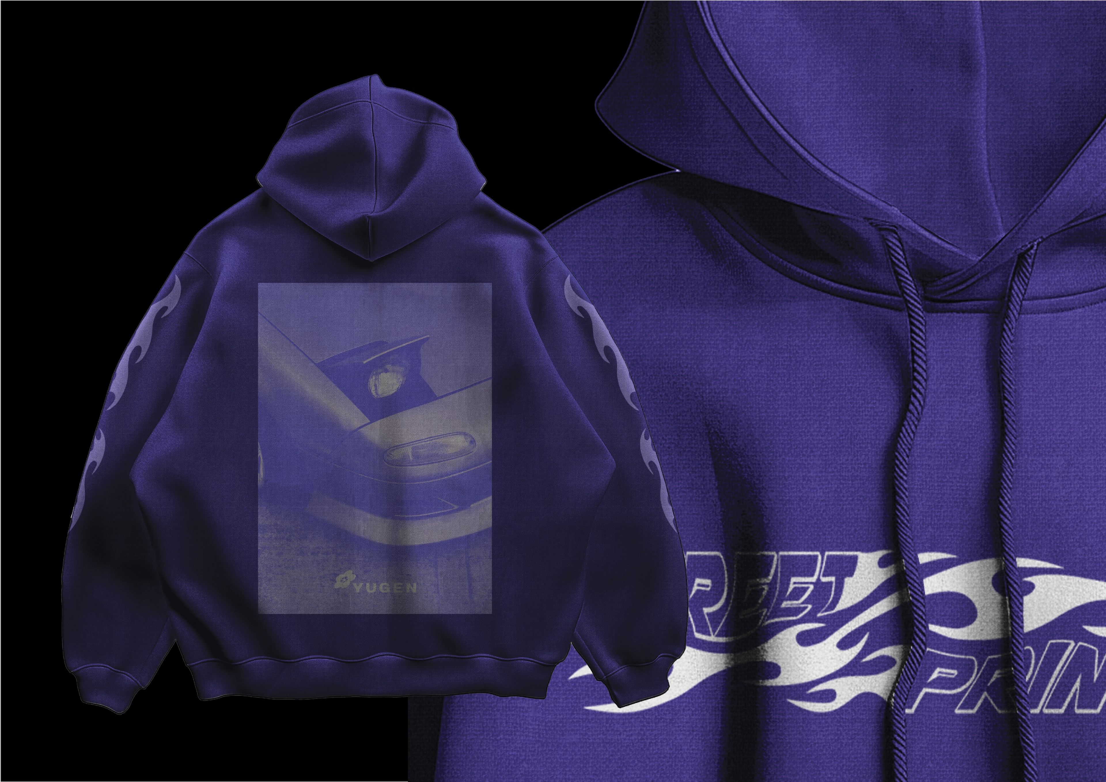 A purple Yugen hoodie with a faded car image on the back and subtle sleeve flames. The "Street Prime" graphic in white flame-styled type on the front emphasizes a vintage streetwear vibe.