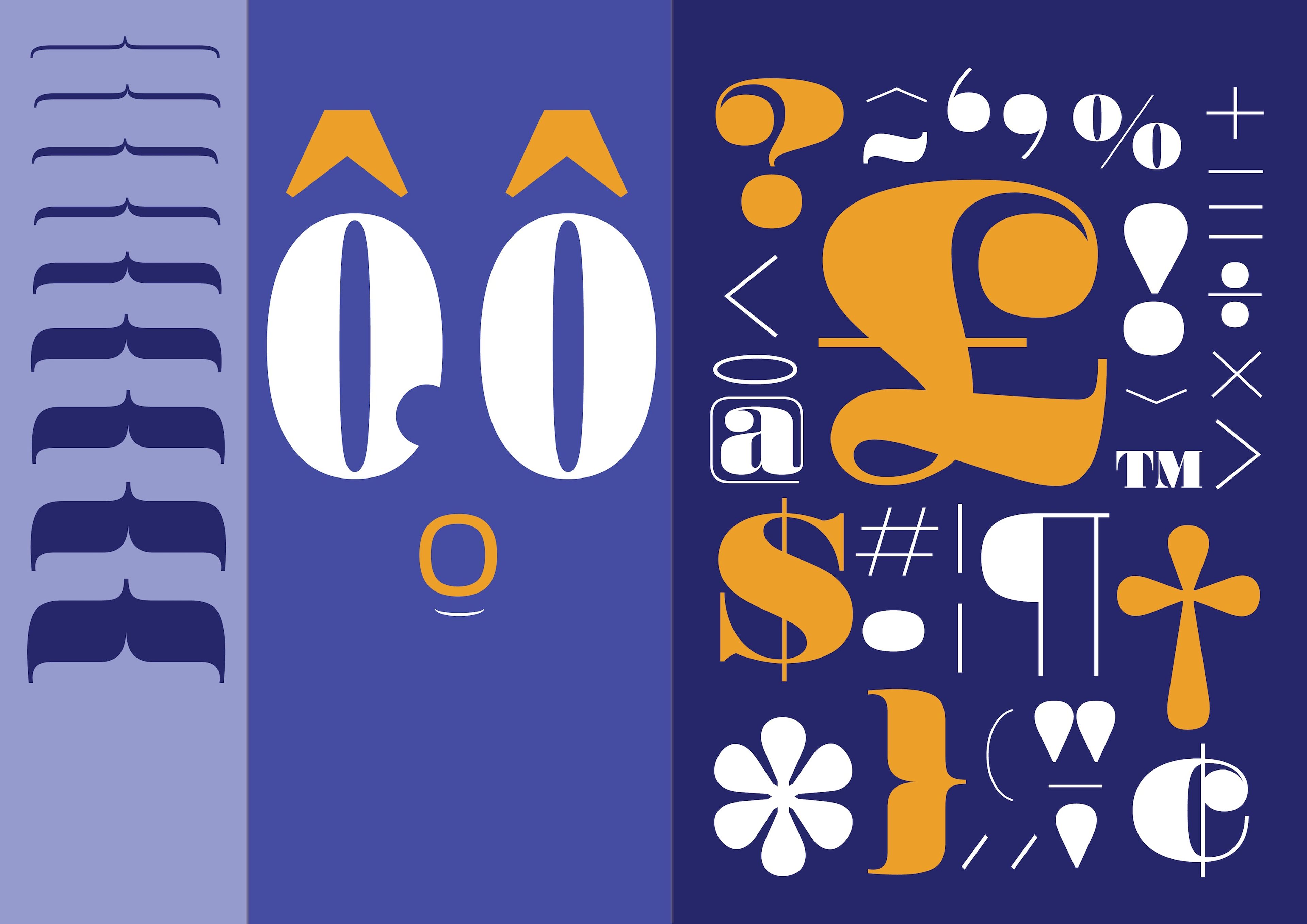 Typographic specimen in deep blue and gold showing various punctuation marks and symbols. Left panel features brackets, centre shows large '00' numerals, and right panel displays an array of decorative characters including asterisks, currency symbols, and mathematical operators.