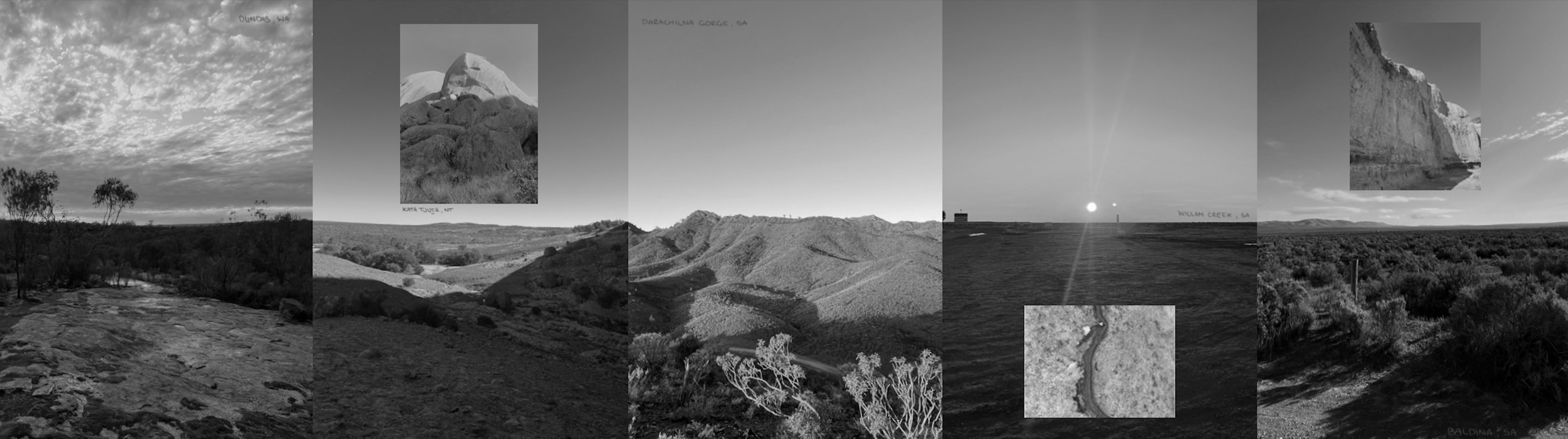 Monochrome landscape collage of Australian outback scenes with clouds, desert plains, mountains, and shrubbery. Smaller inset images show close-ups of the terrain, creating a layered effect. Locations are labeled by hand.