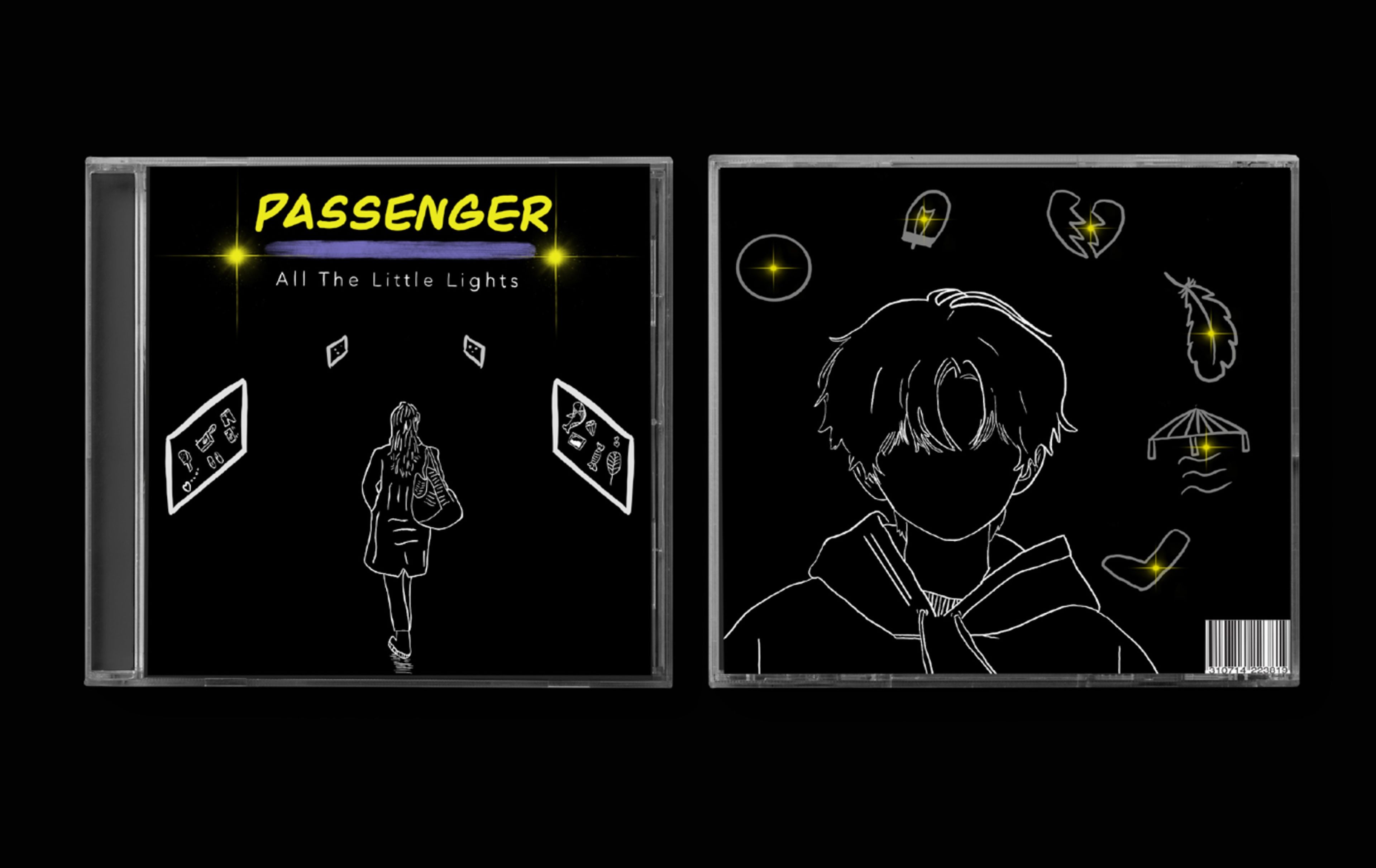 Album cover for 'Passenger - All The Little Lights,' with a figure walking down a dark corridor and a faceless person surrounded by icons like a broken heart and feather, in simple white outlines on black.