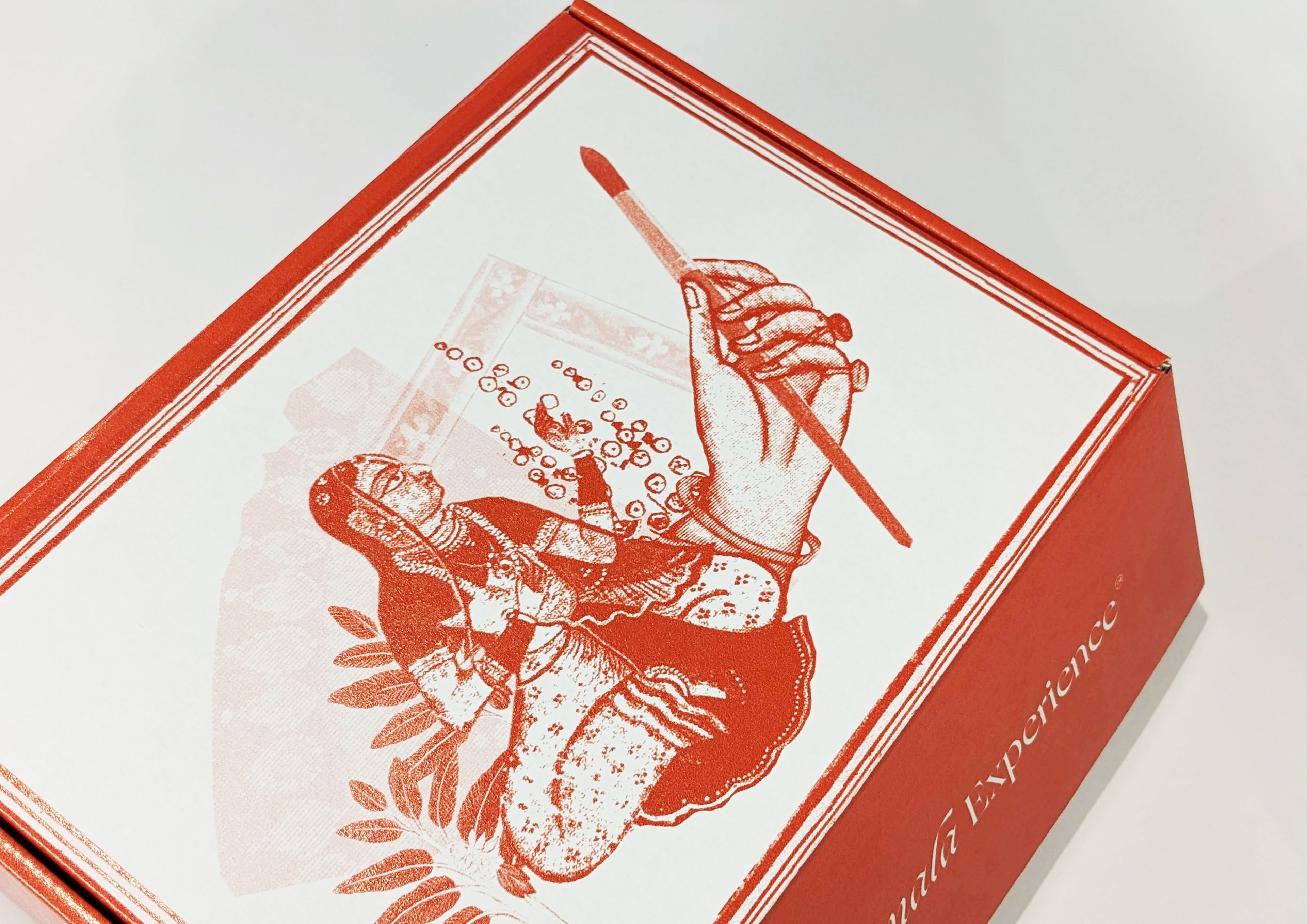 Book cover design in orange-red monochrome featuring a vintage illustration of a woman in Victorian dress holding up an artist's brush.