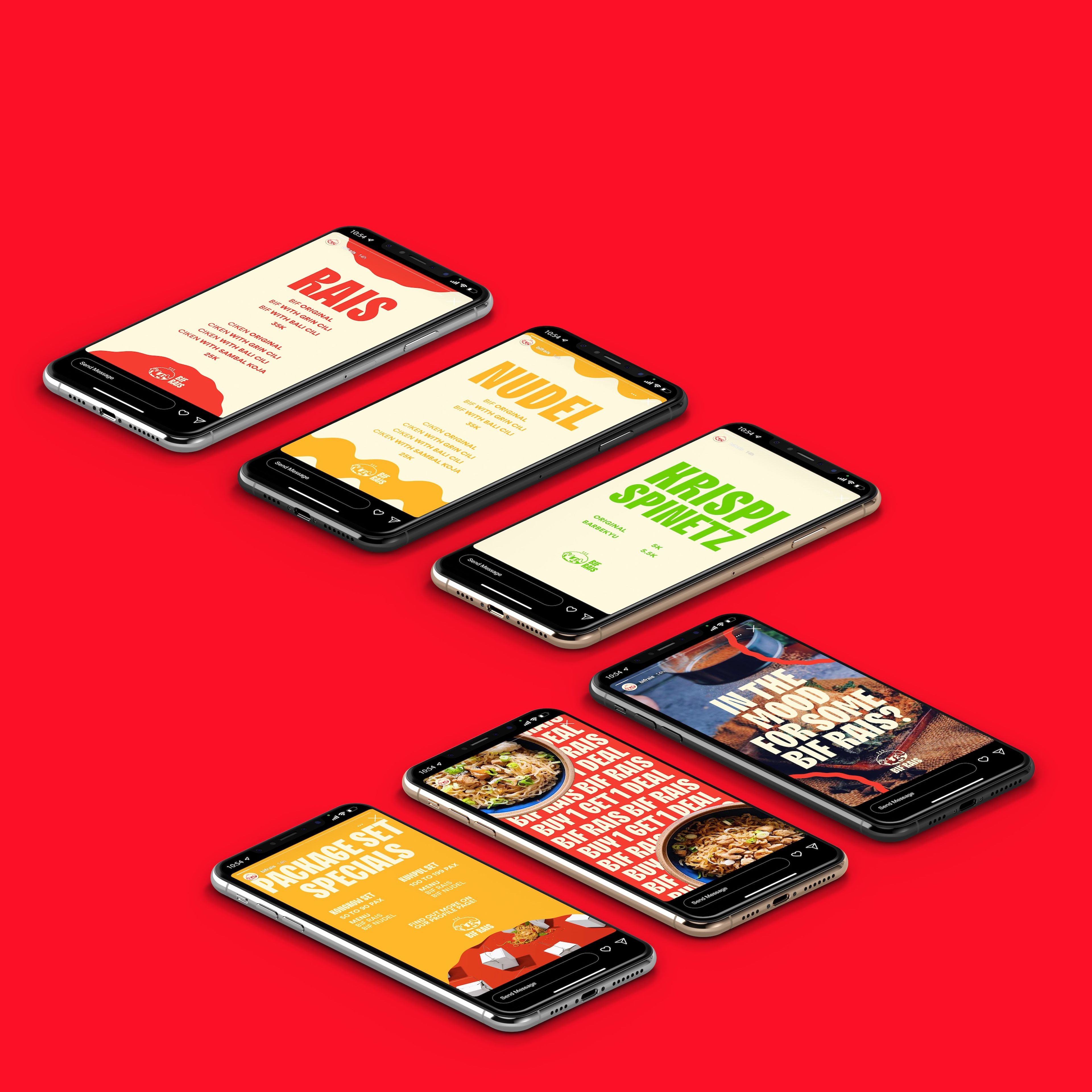 Six isometric iPhone mockups arranged on red background showcasing restaurant app interface designs. Screens display various menus and promotional content in red, yellow, and green colour schemes.