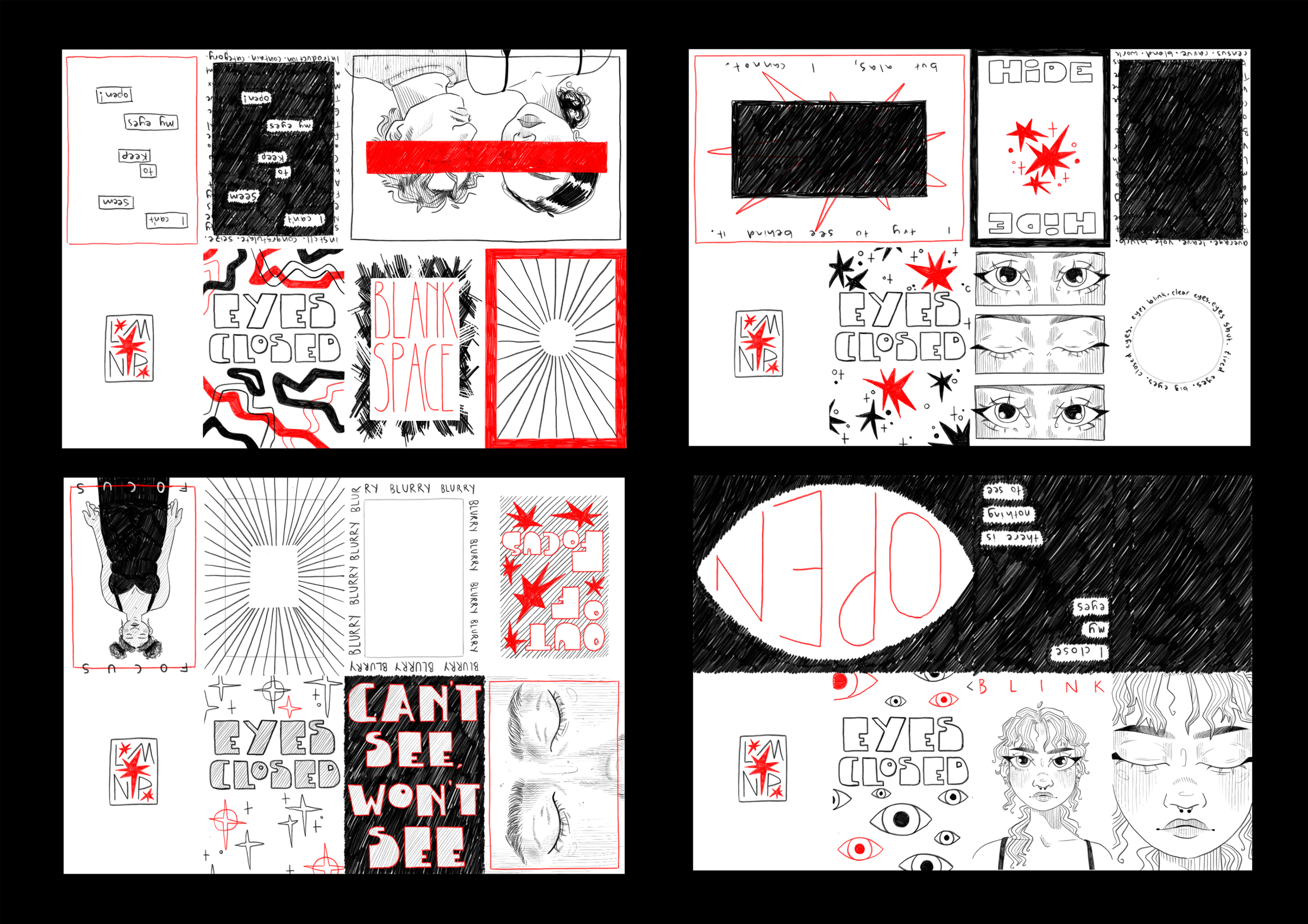 A series of abstract black, white, and red illustrations arranged in a grid-like format, featuring stylized text, graphics, and sketches.