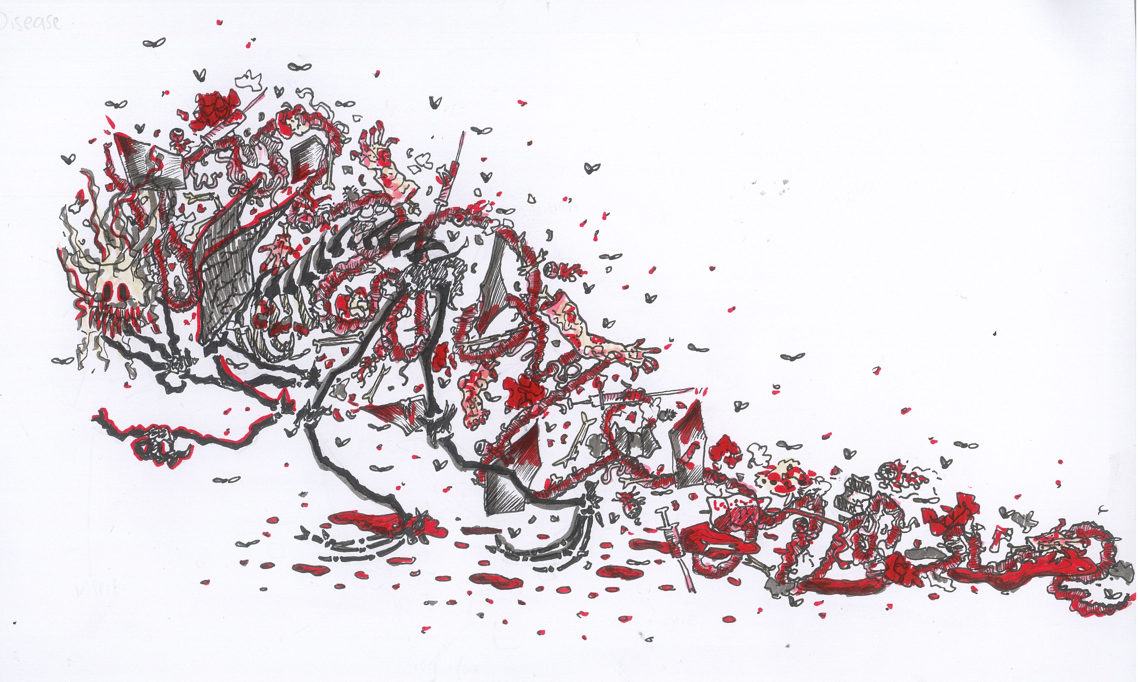 An abstract, line-drawn illustration depicting an explosion of organic forms and textures. Black and red lines intertwine, with intricate details resembling veins, roots, and floral shapes.