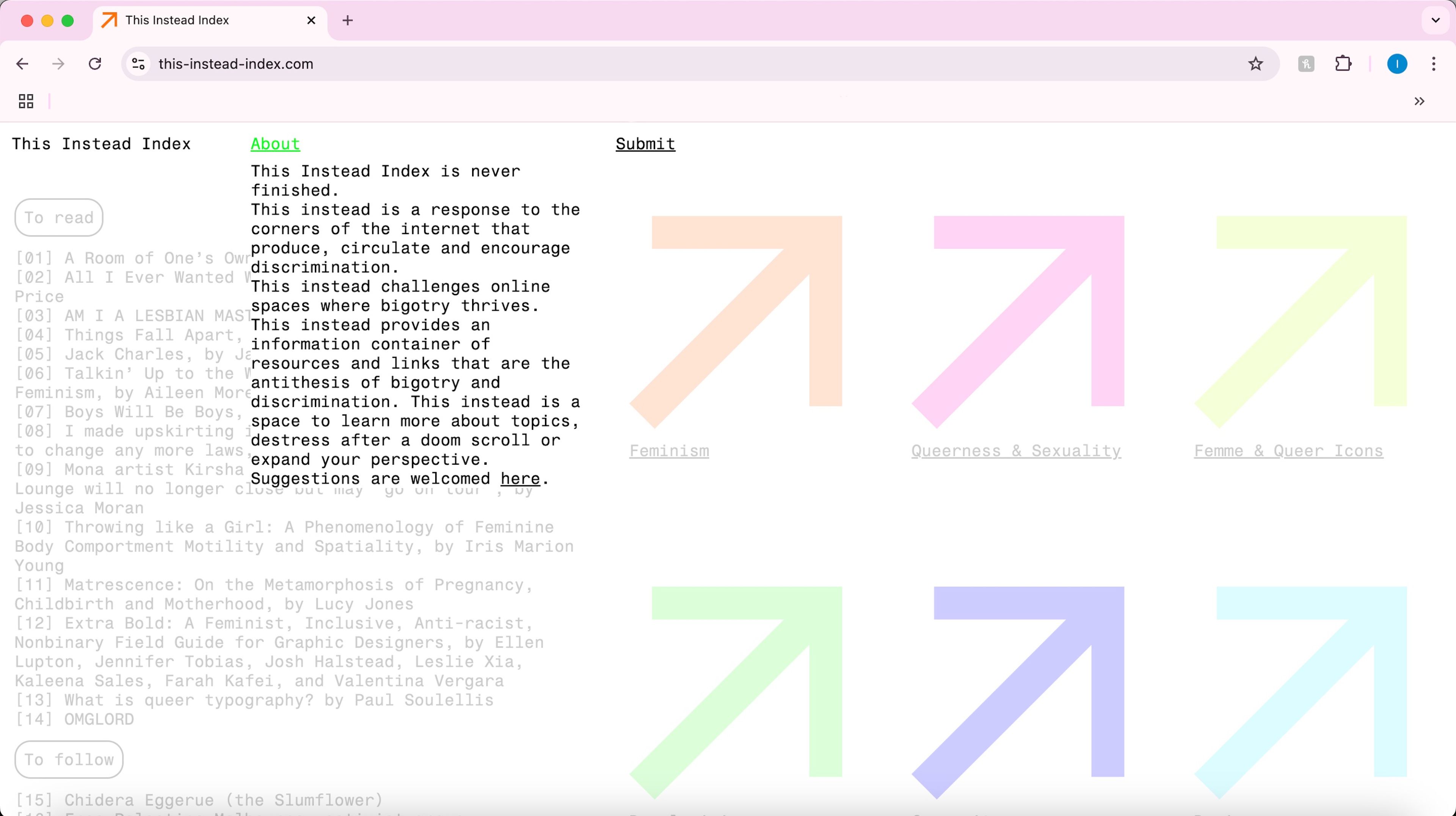 Another view of the "This Instead Index" website with an "About" section describing the purpose of the index as an inclusive, anti-bigotry resource. Coloured arrows link to categories.