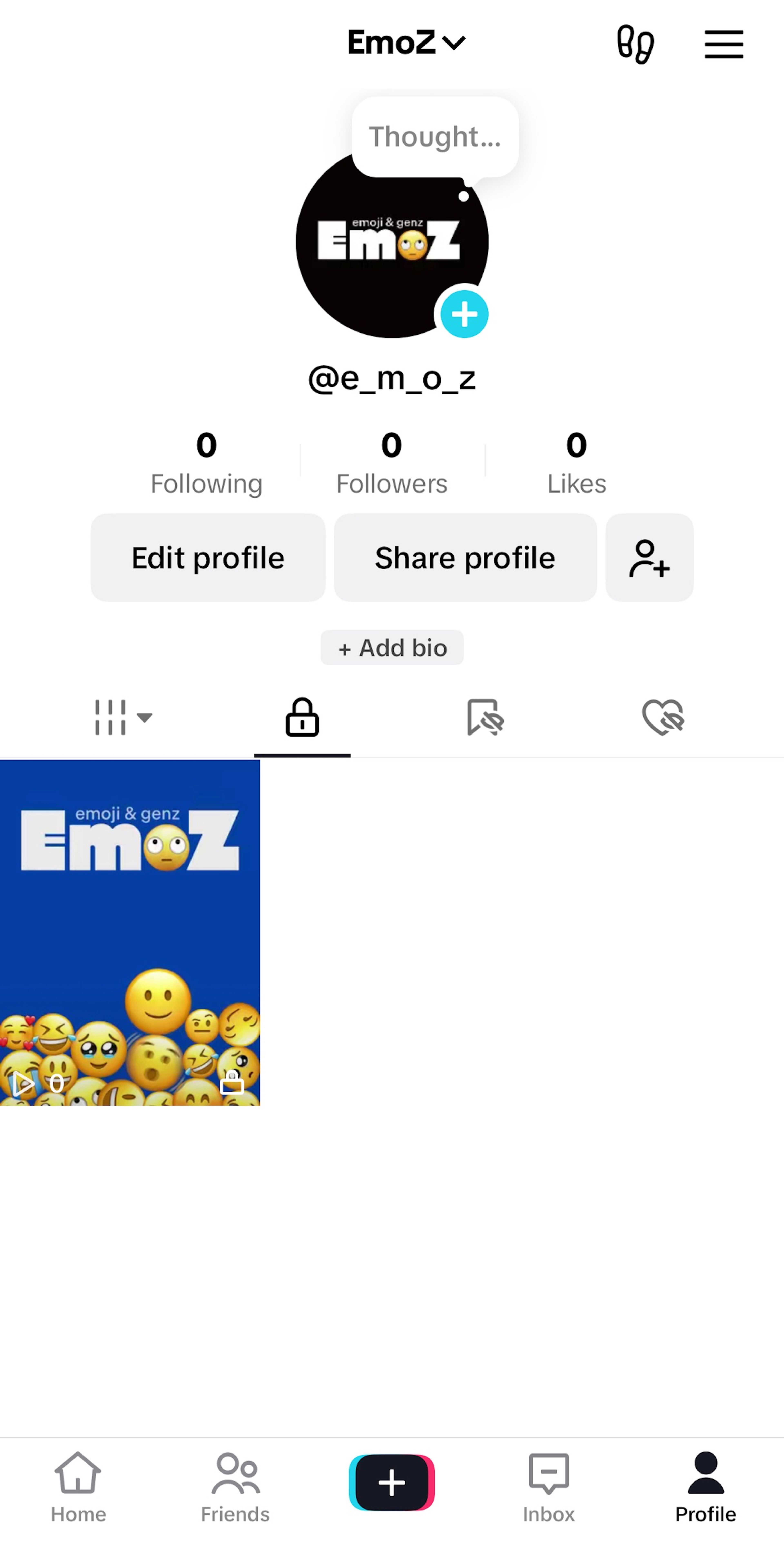 Social media profile page for 'EmoZ'. A post preview below displays the EmoZ logo and emoji cluster.