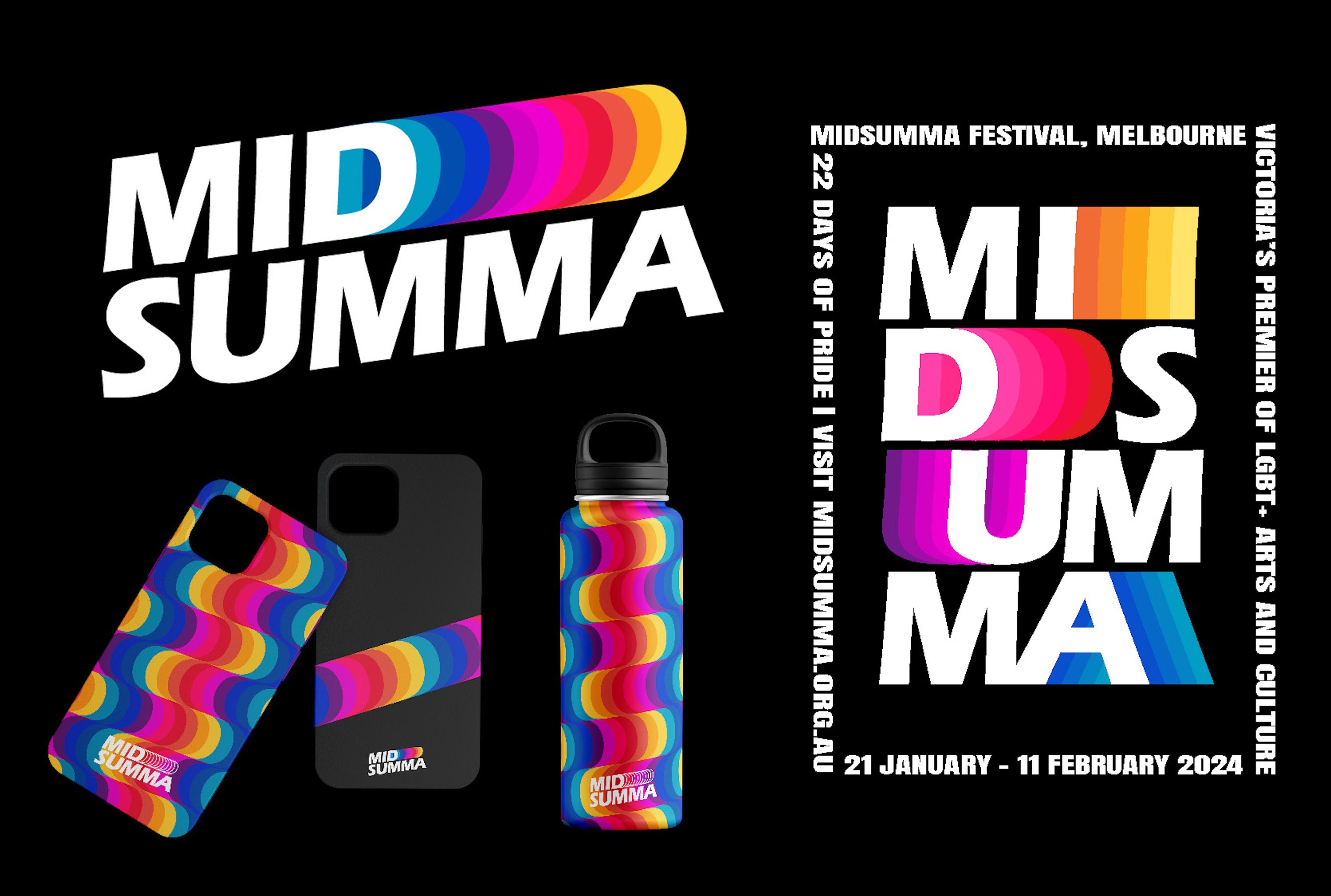 A vibrant, typographic branding design for the “Midsumma Festival, Melbourne.” The text “MIDSUMMA” appears in large, bold white letters, each letter layered with a gradient rainbow effect. The branding is applied to various items, including a phone case and a water bottle, with colourful overlapping curves.