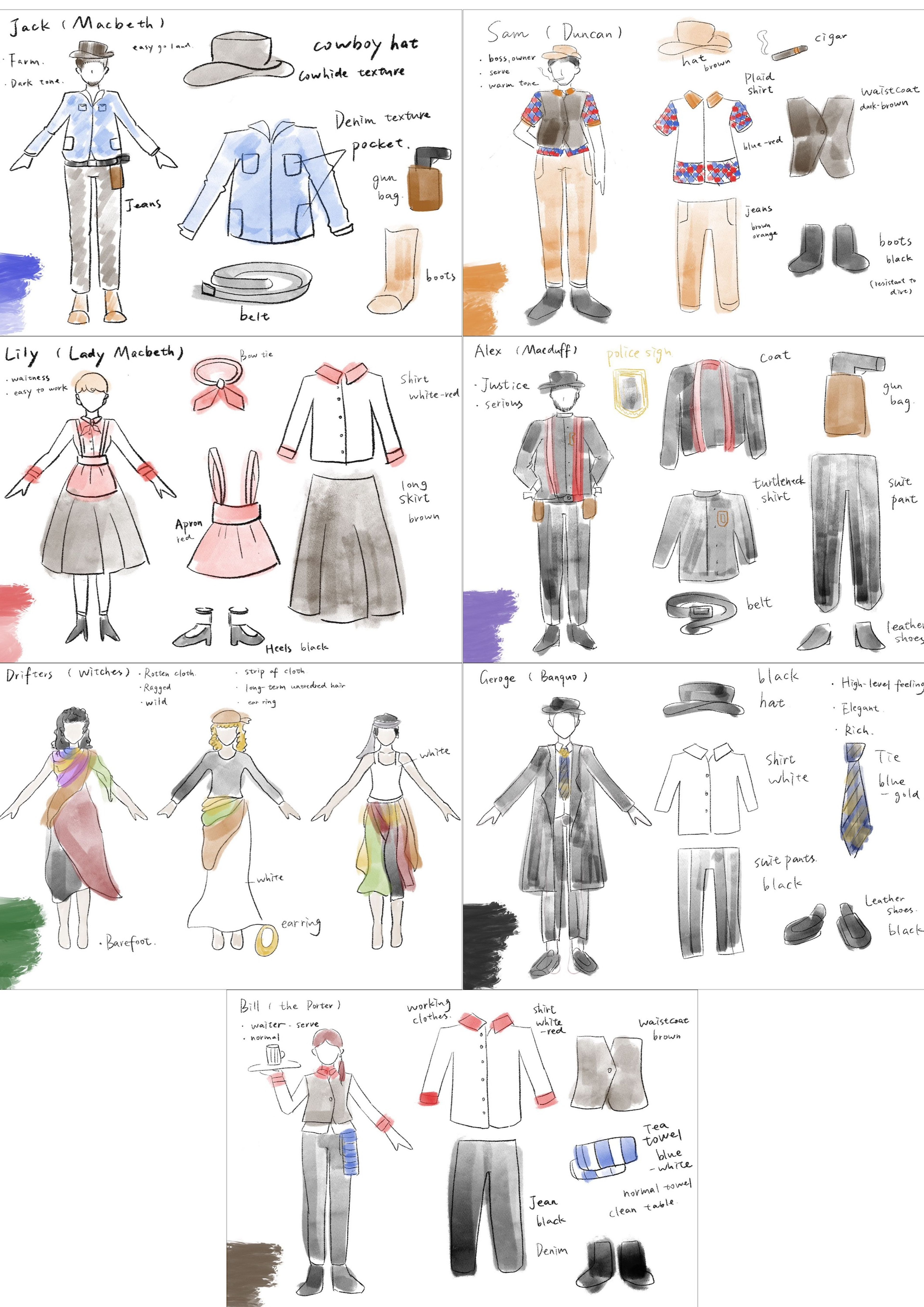 Hand-drawn costume designs for various characters, including a cowboy hat, aprons, and colourful skirts, labelled with character names and clothing details.