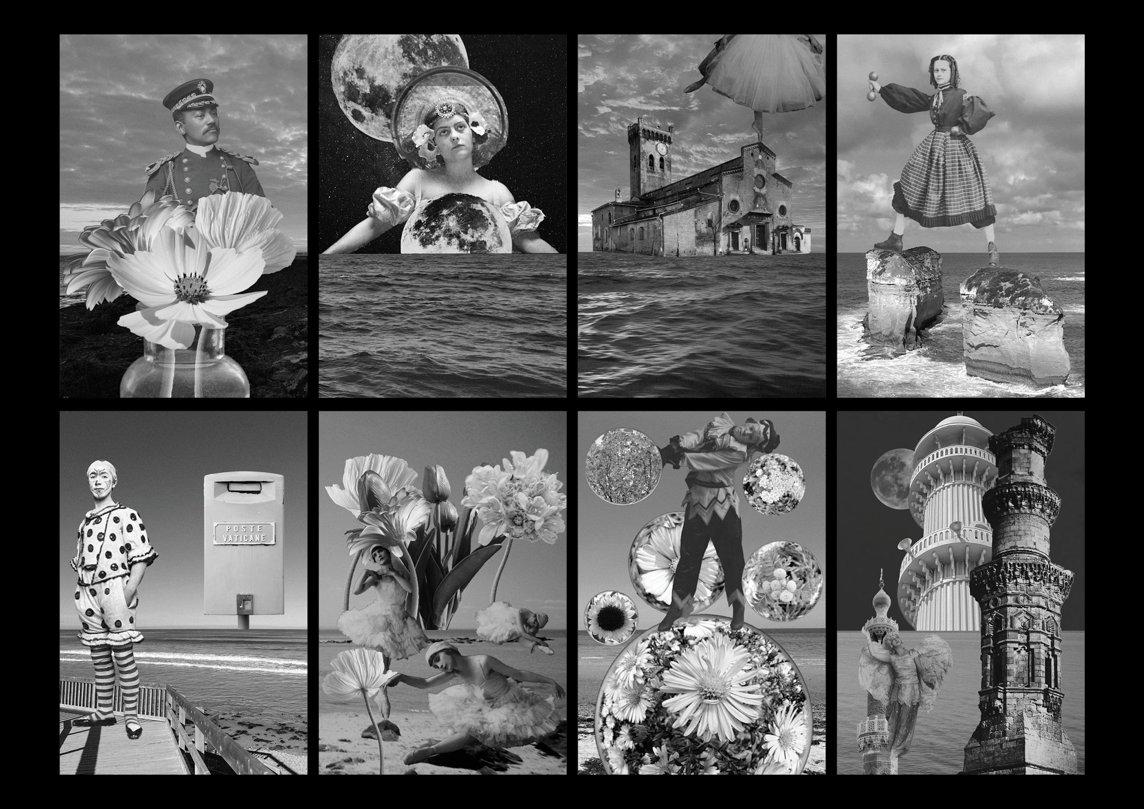 Grid of eight surreal black and white photomontages. Images combine elements like a military officer with giant flowers, a woman with the moon, floating buildings over water, circus performers, and architectural details. Features dramatic contrasts and dreamlike compositions in vintage photography style.