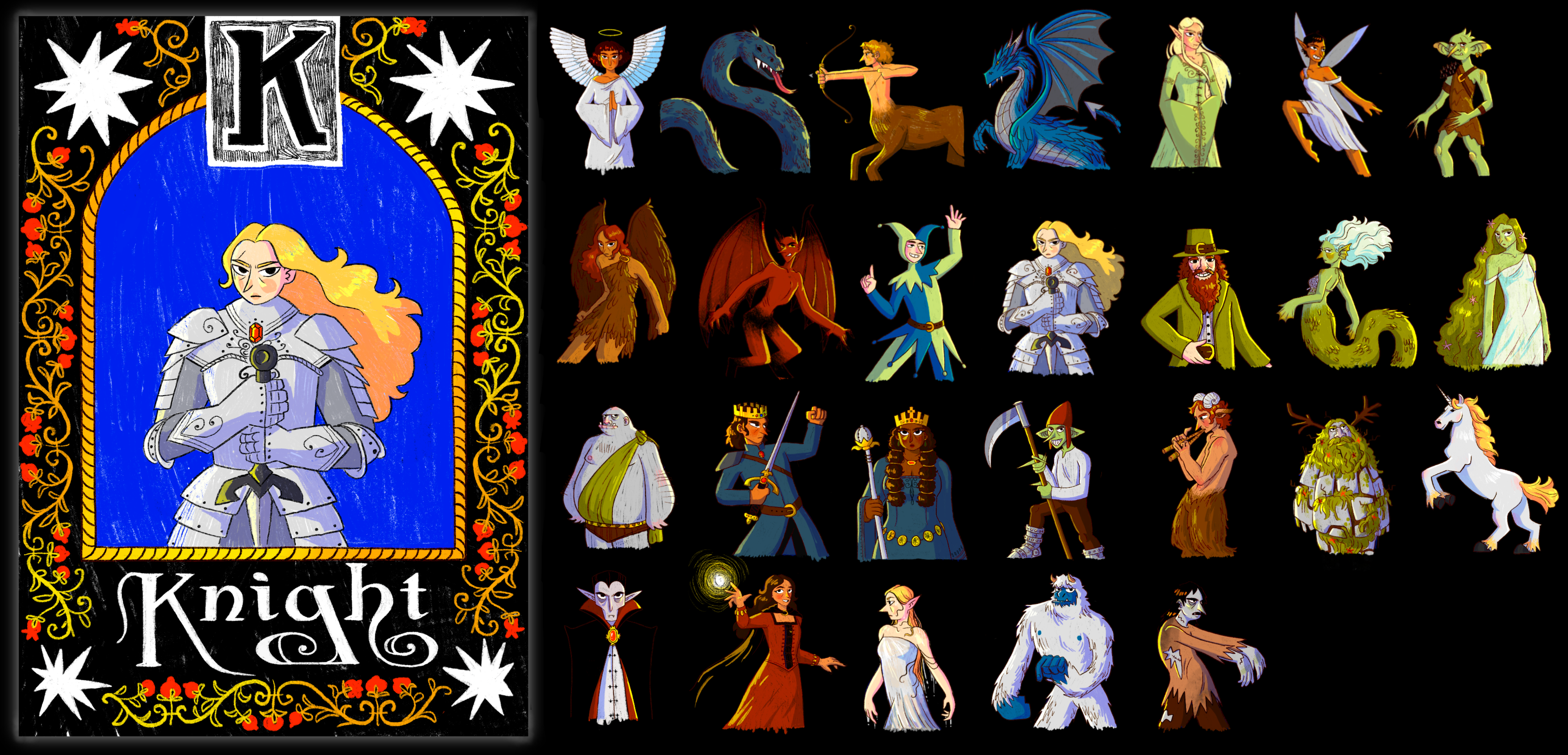 
A vibrant illustration featuring a stylised "Knight" card on the left, bordered with intricate floral designs and stars, showing a blonde knight in silver armour against a bright blue background. The right side displays a grid of various fantasy characters, including angels, dragons, centaurs, fairies, goblins, demons, and mythical beings like unicorns and witches, all depicted in colourful, dynamic poses on a black background