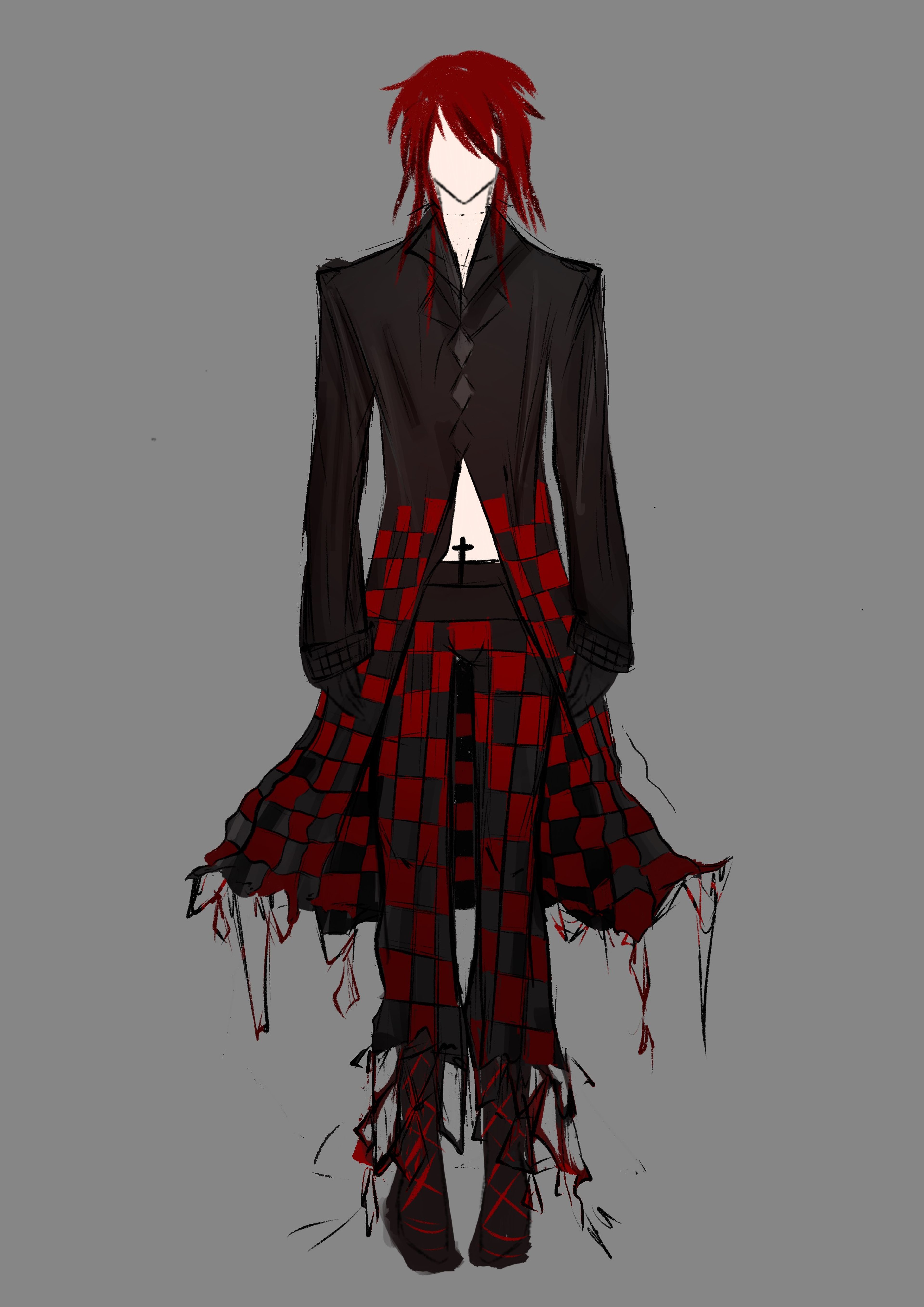 Costume design with a gothic flair: black jacket, red-and-black checkered accents, torn edges, and matching red laced boots for a dramatic effect