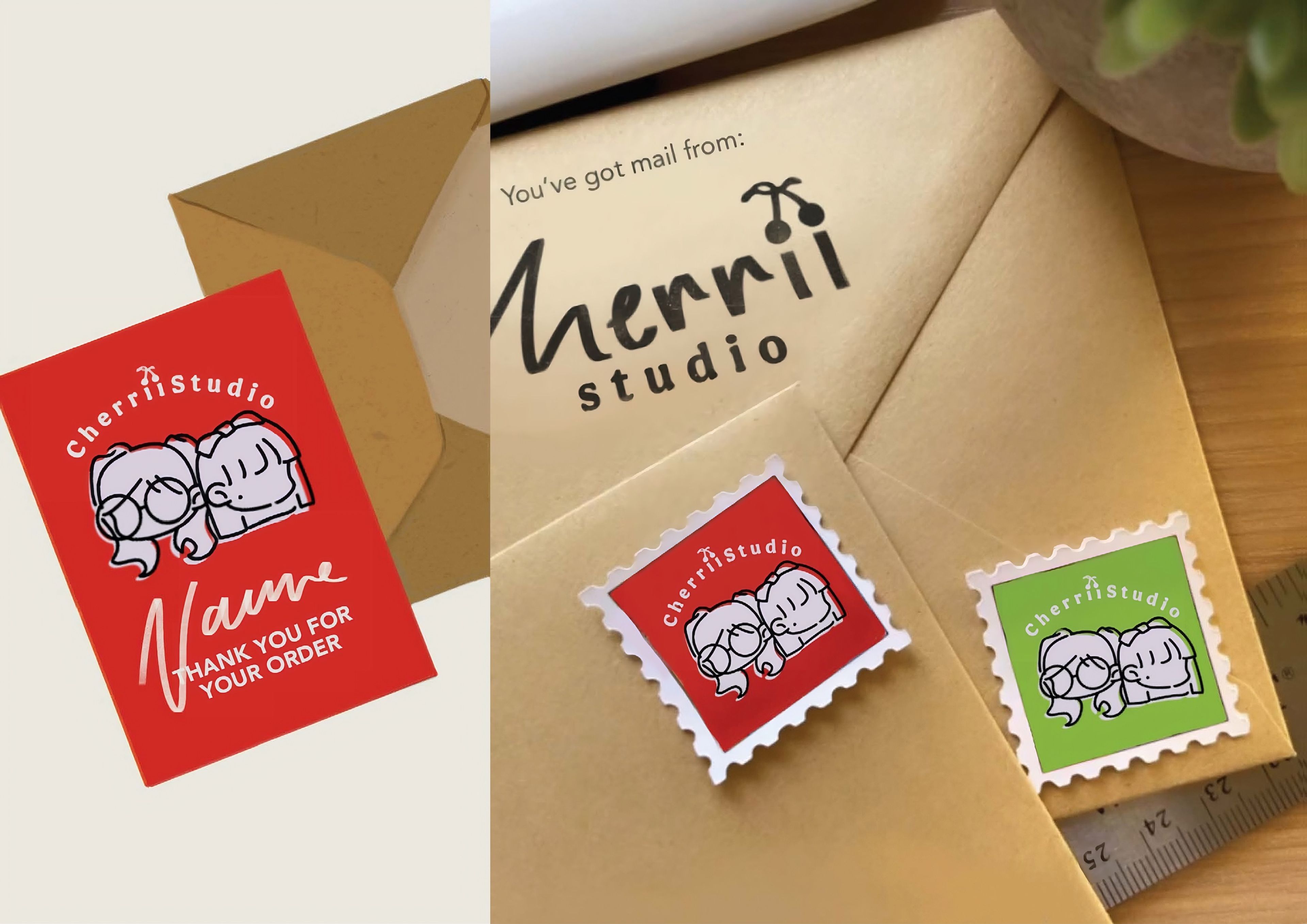 Brand packaging design for Cherri Studio, featuring a thank-you note in red with illustrated faces and 'Thank you for your order' text. Custom stamp designs in red and green include the same faces, and an envelope branded with 'You've got mail from: Cherri Studio'.